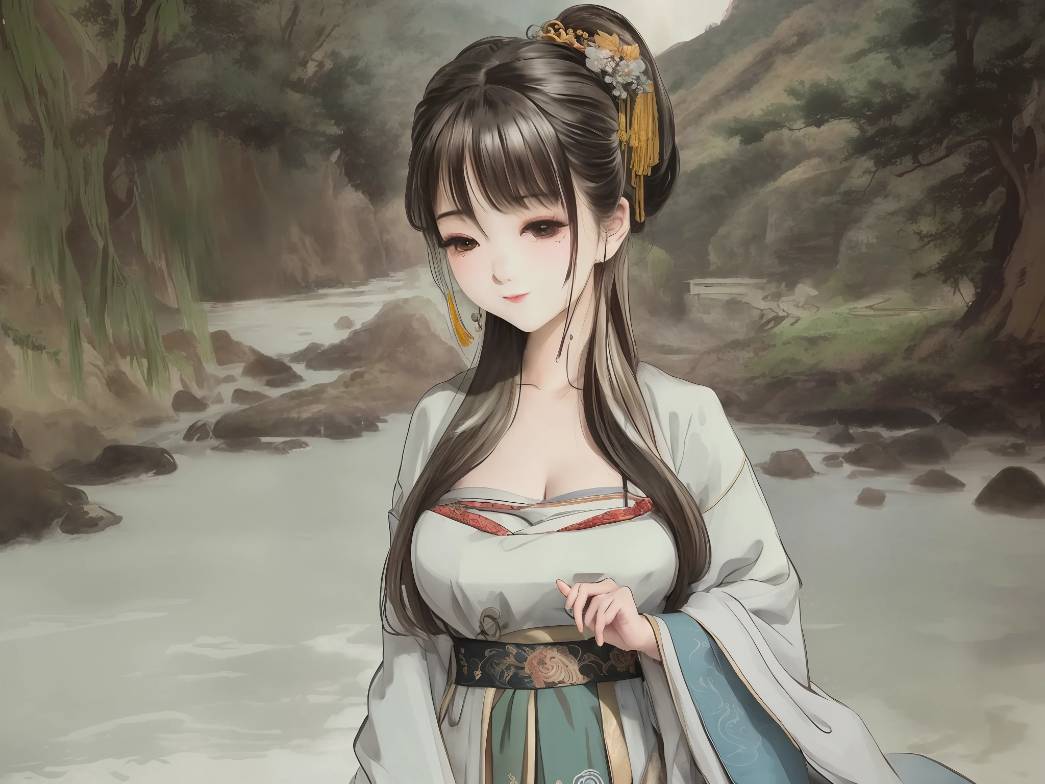 Very detailed, very detailed CG Unity 8k wallpaper, masterpiece, illustration, high resolution, absurdity, water magic ratio, Wuchang said, Bo Nian, big breasts, low cut, sexy, town Banqiao, bada mountain people, Chinese painting, model shooting style, peace, (smile), looking at the audience, wearing long hanfu, hanfu, song, background willow, wu changshuo, background