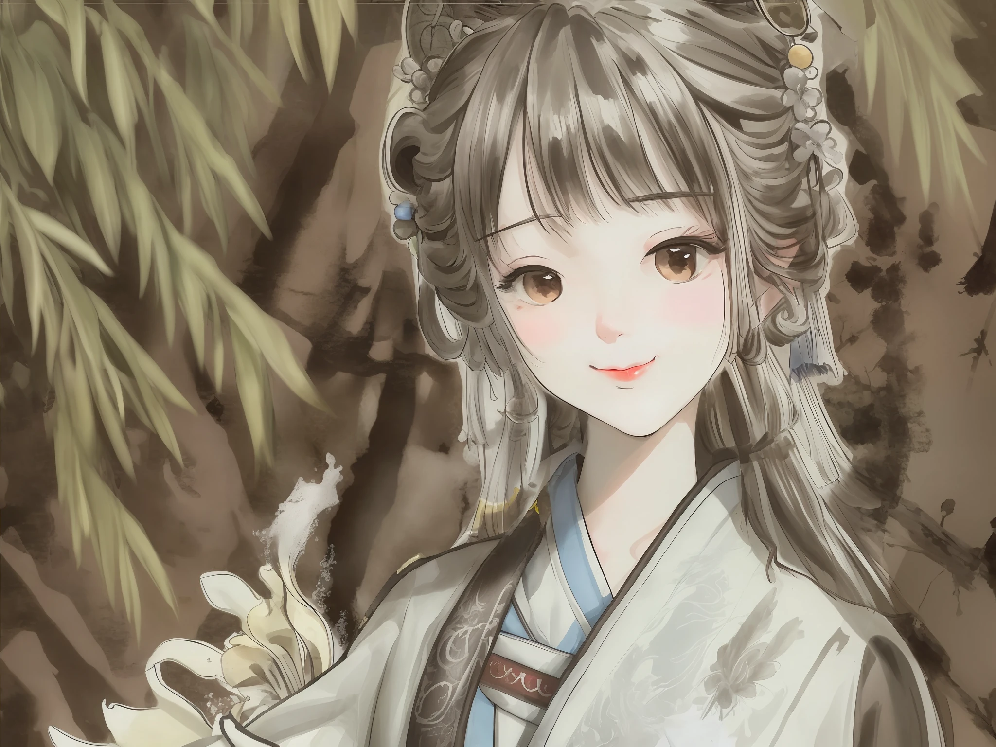 Very detailed, very detailed CG Unity 8k wallpaper, masterpiece, illustration, high resolution, ridiculous, water magic ratio, Wu Chang said, Bonian, Zhenbanqiao, Badashan people, Chinese painting, model shooting style, peace, (smile), watching the audience, wearing Changhan clothes, Hanfu, songs, background willow trees, Wu Chang Shuo, background