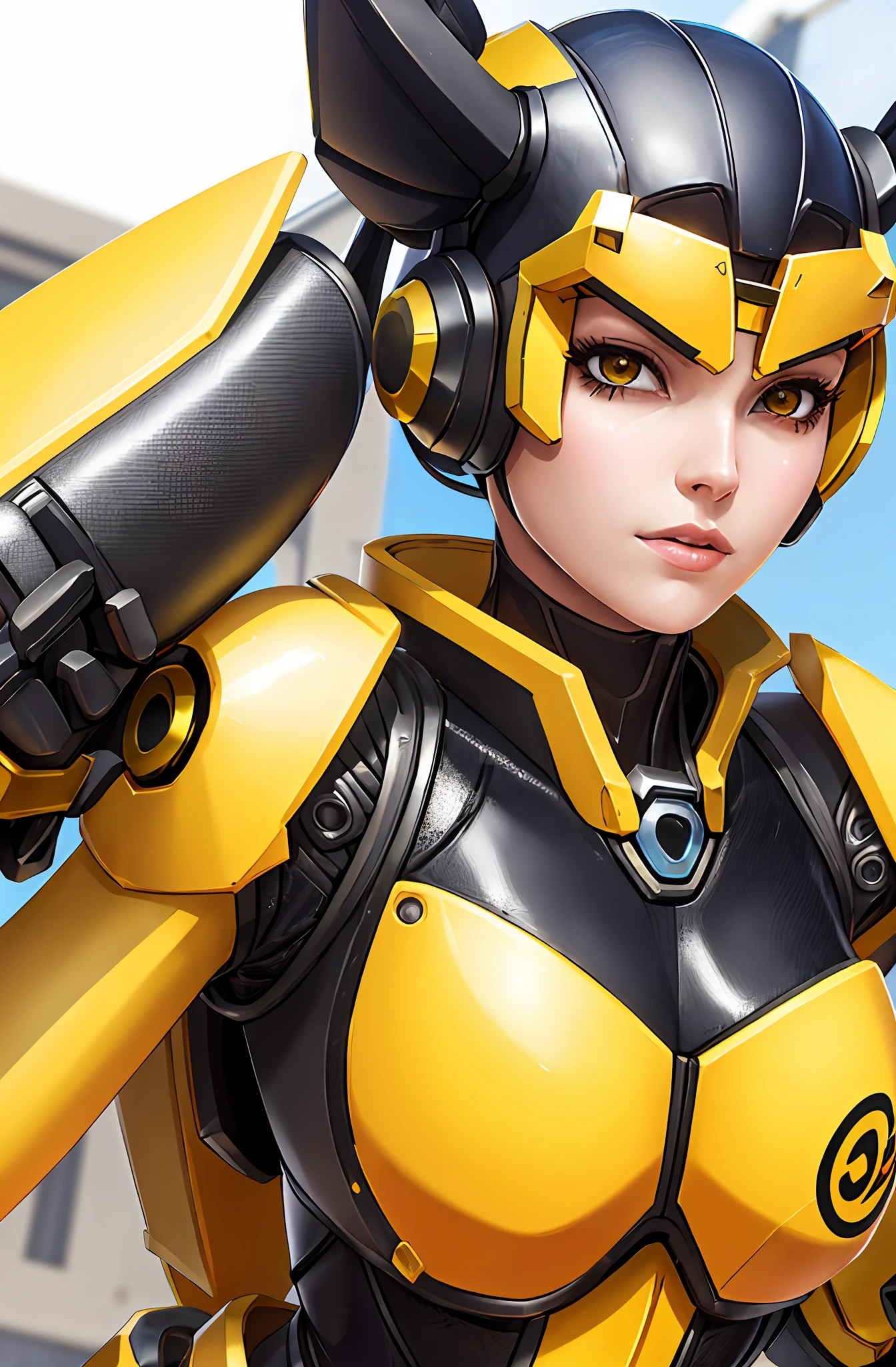 araffe woman in a yellow and black costume with a helmet on, as overwatch character, girl in mecha cyber armor, senna from league of legends, based on bumblebee, as an overwatch character, inspired by Marek Okon, bumblebee, artgerm ; 3d unreal engine, brigitte from overwatch, unreal engine character art, lovely brigitte from overwatch