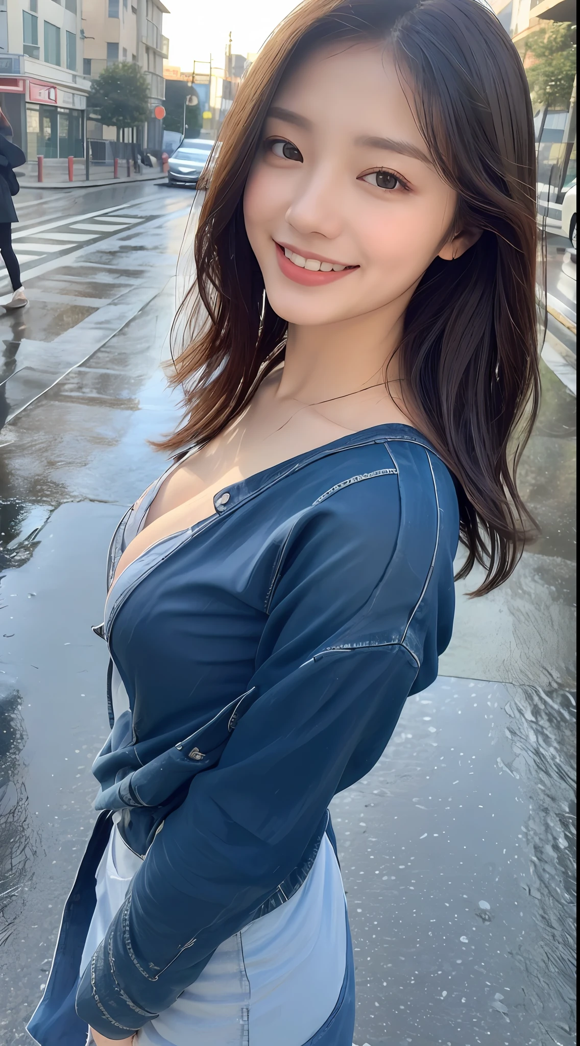 ((Best Quality, 8K, Masterpiece:1.3)), Focus: 1.2, Perfect Body Beauty: 1.4, Buttocks: 1.2, ((Layered Haircut, Breasts: 1.2)), (Wet Clothes: 1.1), (Rain, Street:1.3), Bandeau Dress: 1.1, Highly Detailed Face and Skin Texture, Fine Eyes, Double Eyelids, Whitening Skin, Long Hair, (Shut Up: 1.3), Smile