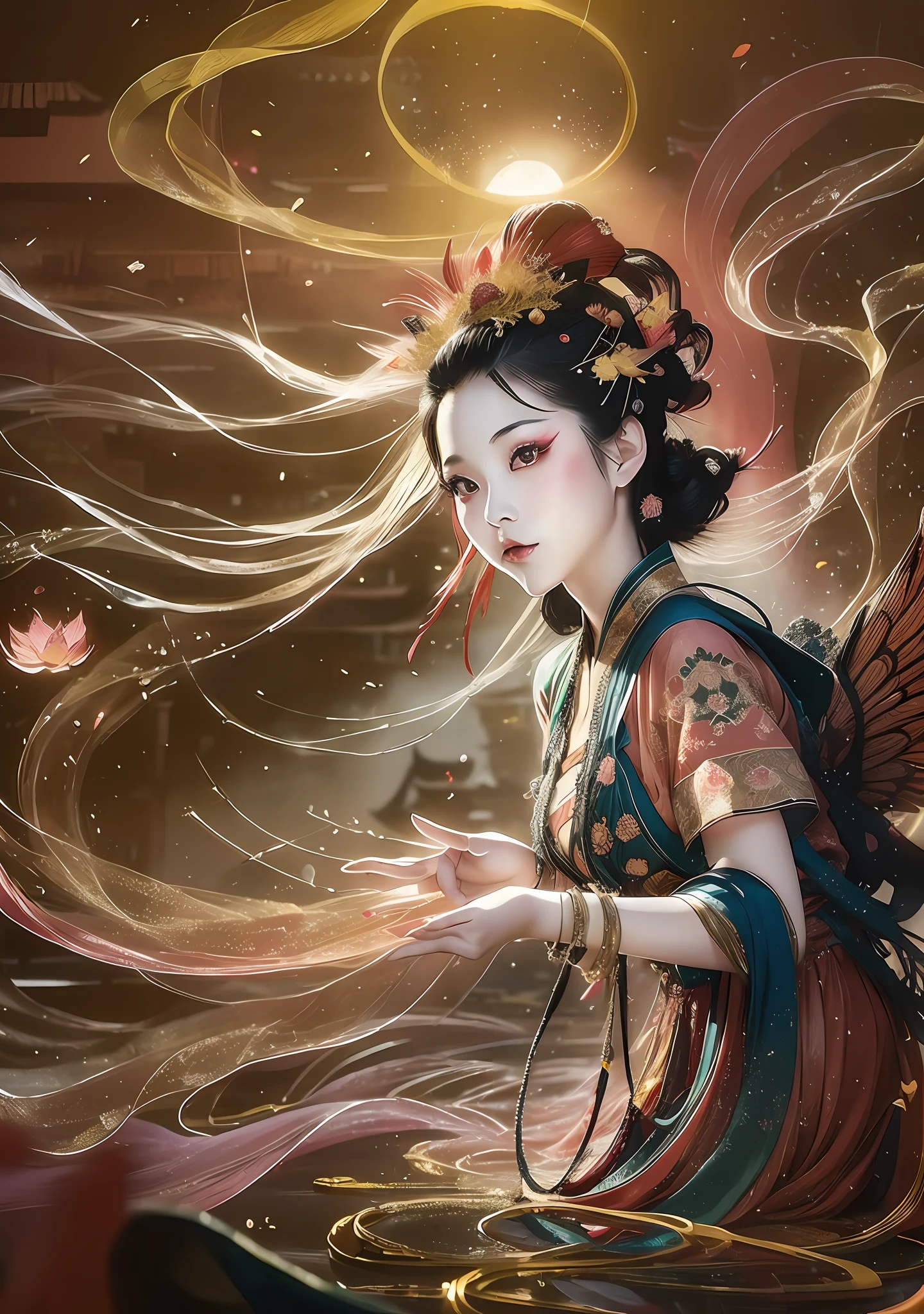 chinese ink, (Masterpiece, best quality: 1.2), a girl with phoenix wings standing in a ring of fire, with glowing red eyes, phoenix, lotus flowers, red gold pink, sunrise from mountain at the background, old china buildings