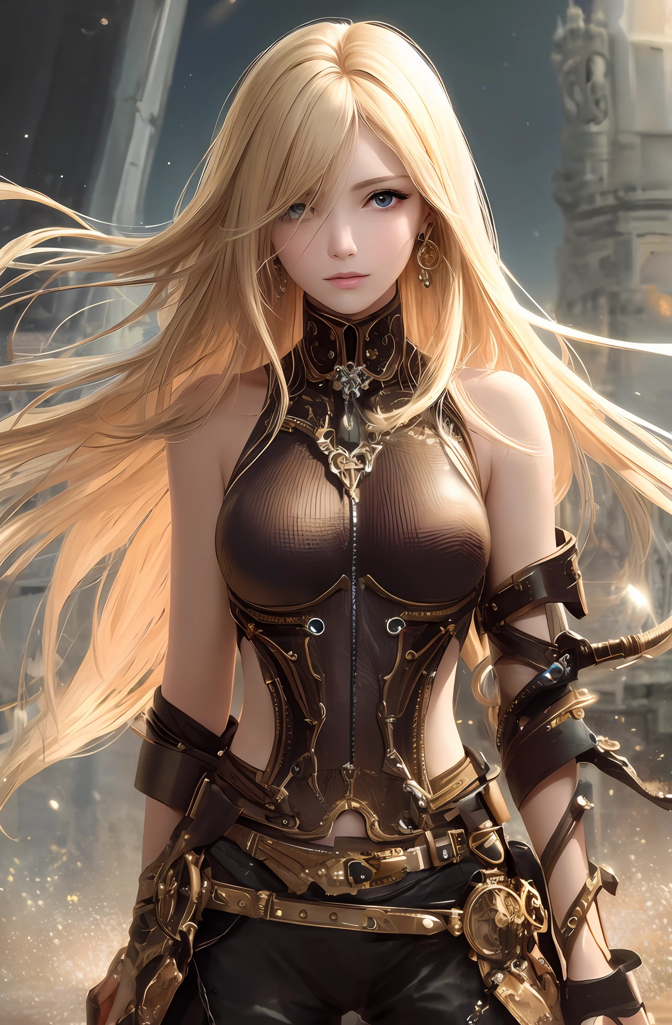 Best quality, masterpiece, upper body, woman, windblown blonde hair, sparkling eyes, steampunk style,