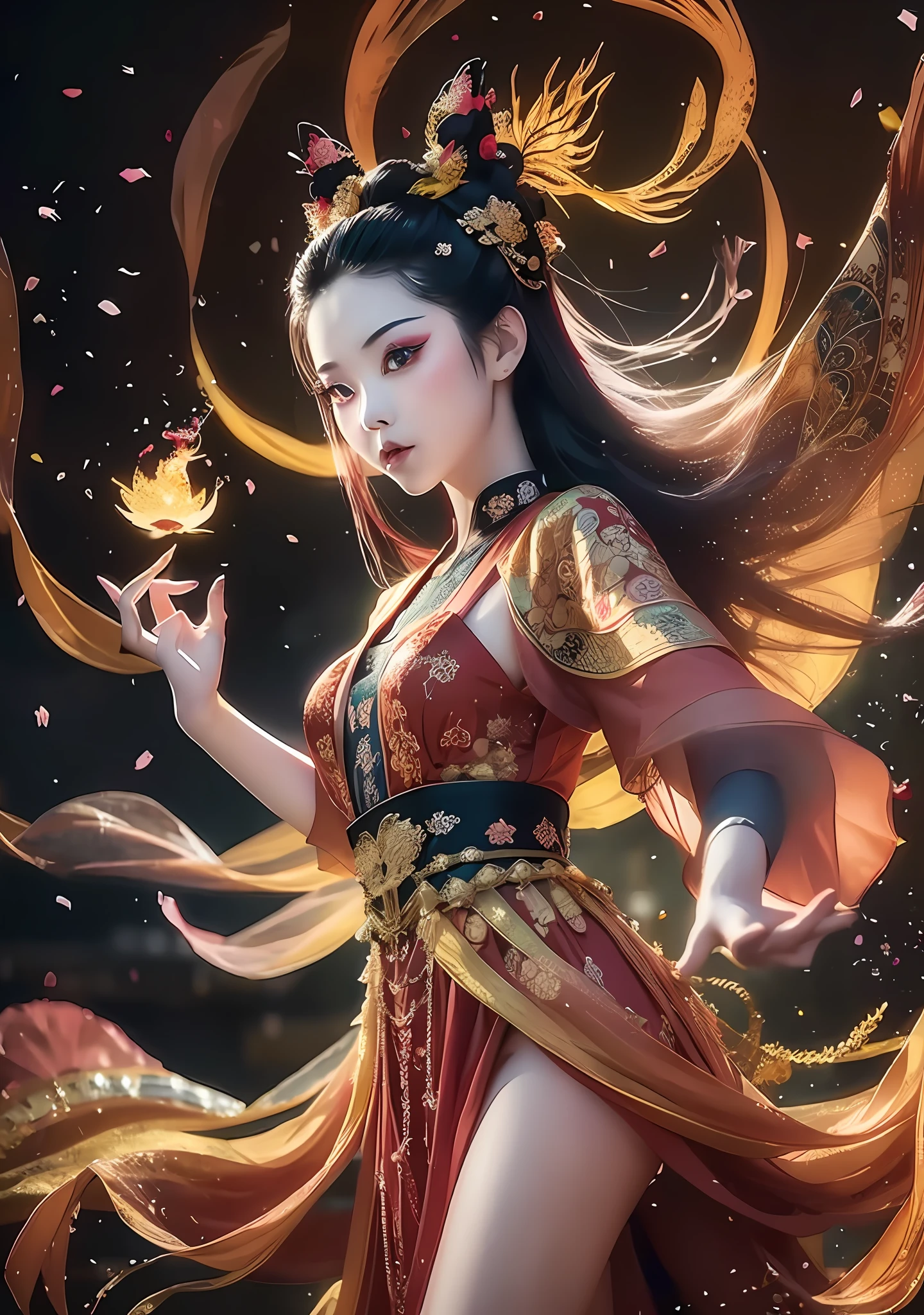 chinese ink, (Masterpiece, best quality: 1.2), a girl with phoenix wings standing in a ring of fire, with glowing red eyes, phoenix, lotus flowers, red gold pink, sunrise from mountain at the background, old china buildings