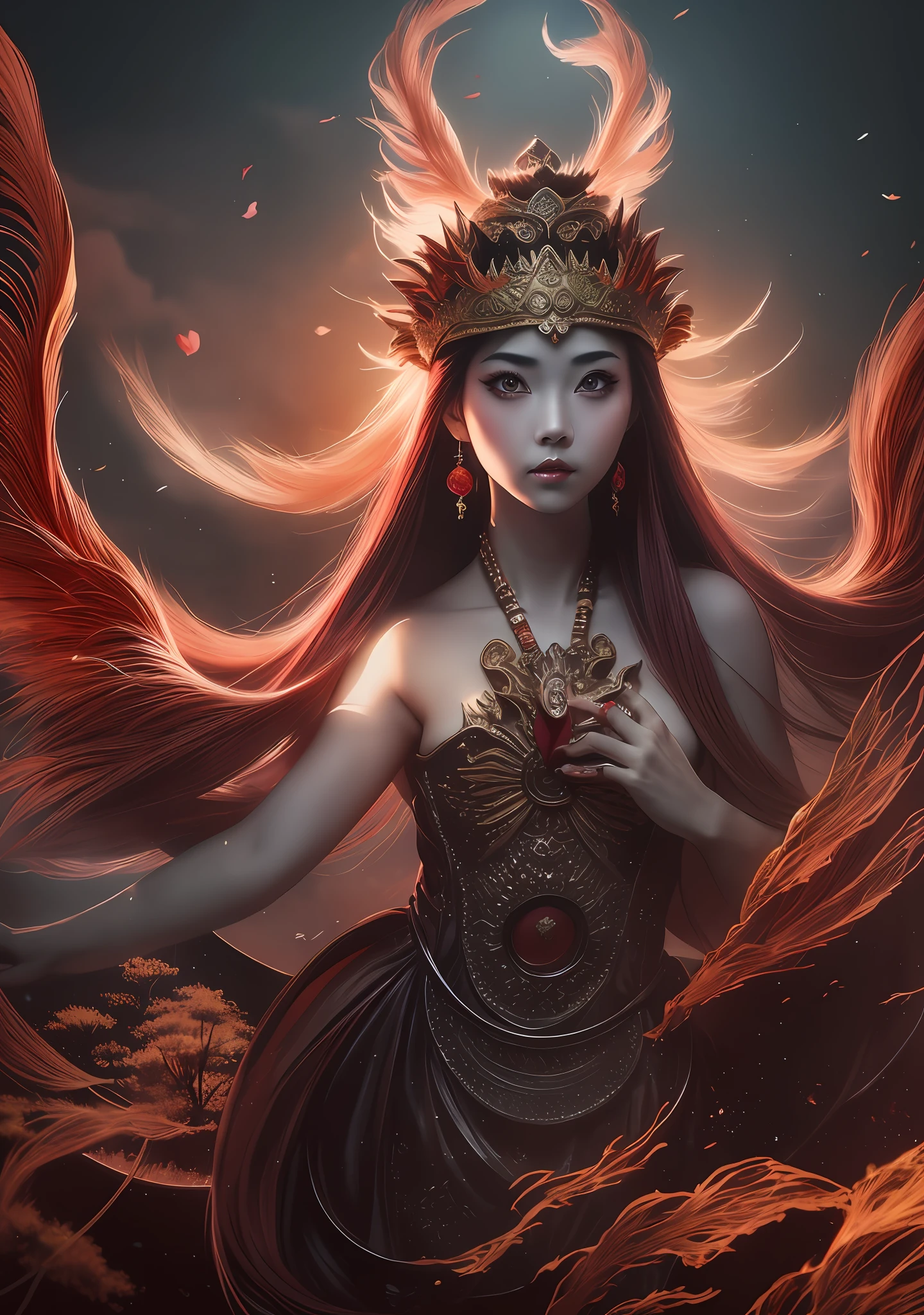 chinese ink, (Masterpiece, best quality: 1.2), a girl with phoenix wings standing in a ring of fire, with glowing red eyes, phoenix, lotus flowers, red gold pink, sunrise from mountain at the background, old china buildings