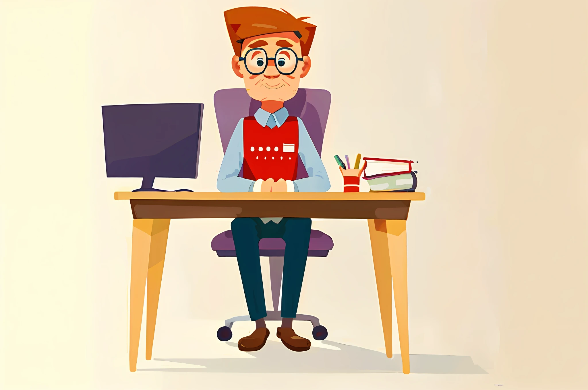 cartoon man sitting at a desk with a computer and a book, sitting at desk, sitting at a desk, proffesional illustration, flat illustration, sitting at his desk, sitting behind desk, sitting at a computer desk, sitting at desk at keyboard, sitting on a desk, cartoon style illustration, simple illustration, student, sat at a desk, 2 d illustration, cartoon man waving his hands in human like manner to explain something
