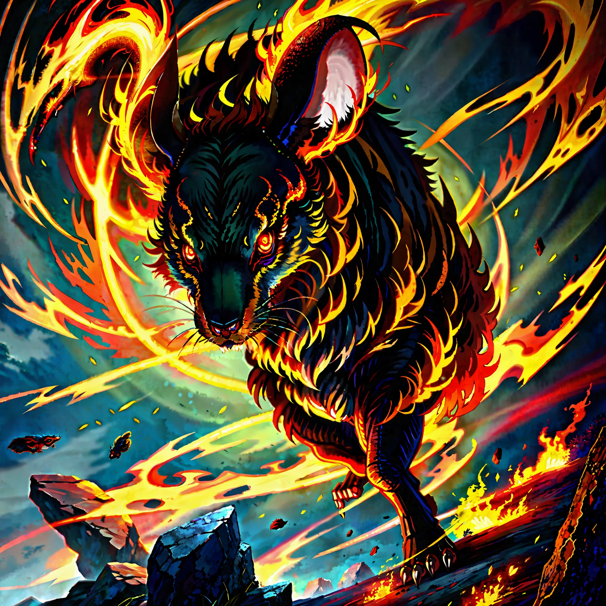 Mouse monster full of fire, full body, 2k, 4k, 8k, beautiful, best quality, cinematic lighting, detailed eyes, detailed pupils, dynamic light, detailed, very detailed, HDR, high detail, high quality, highest quality, high resolution, masterpiece,