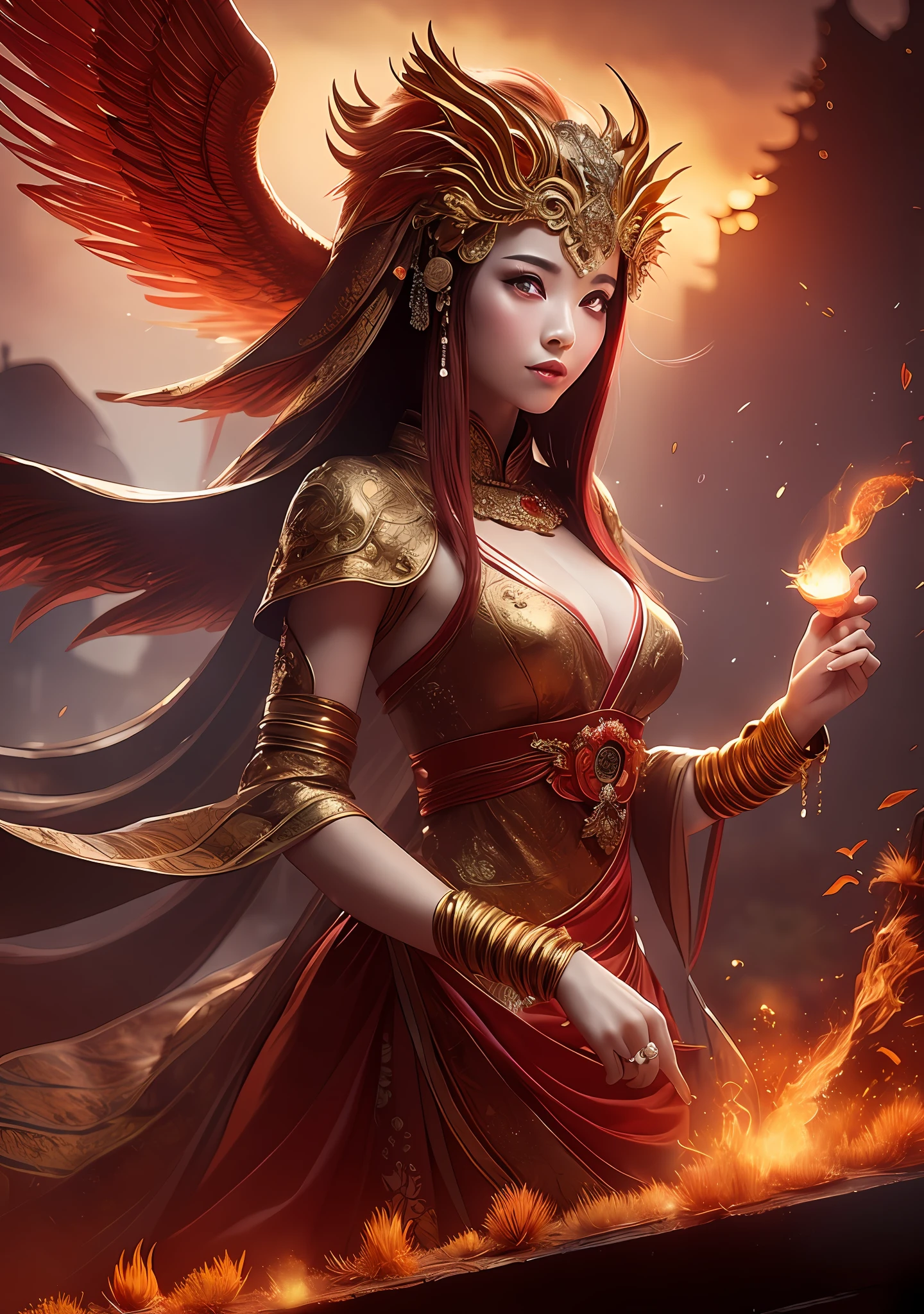 (Masterpiece, best quality: 1.2), a girl with phoenix wings standing in a ring of fire, with glowing red eyes, phoenix, lotus flowers, red gold pink, sunrise from mountain at the background, old china buildings on fire