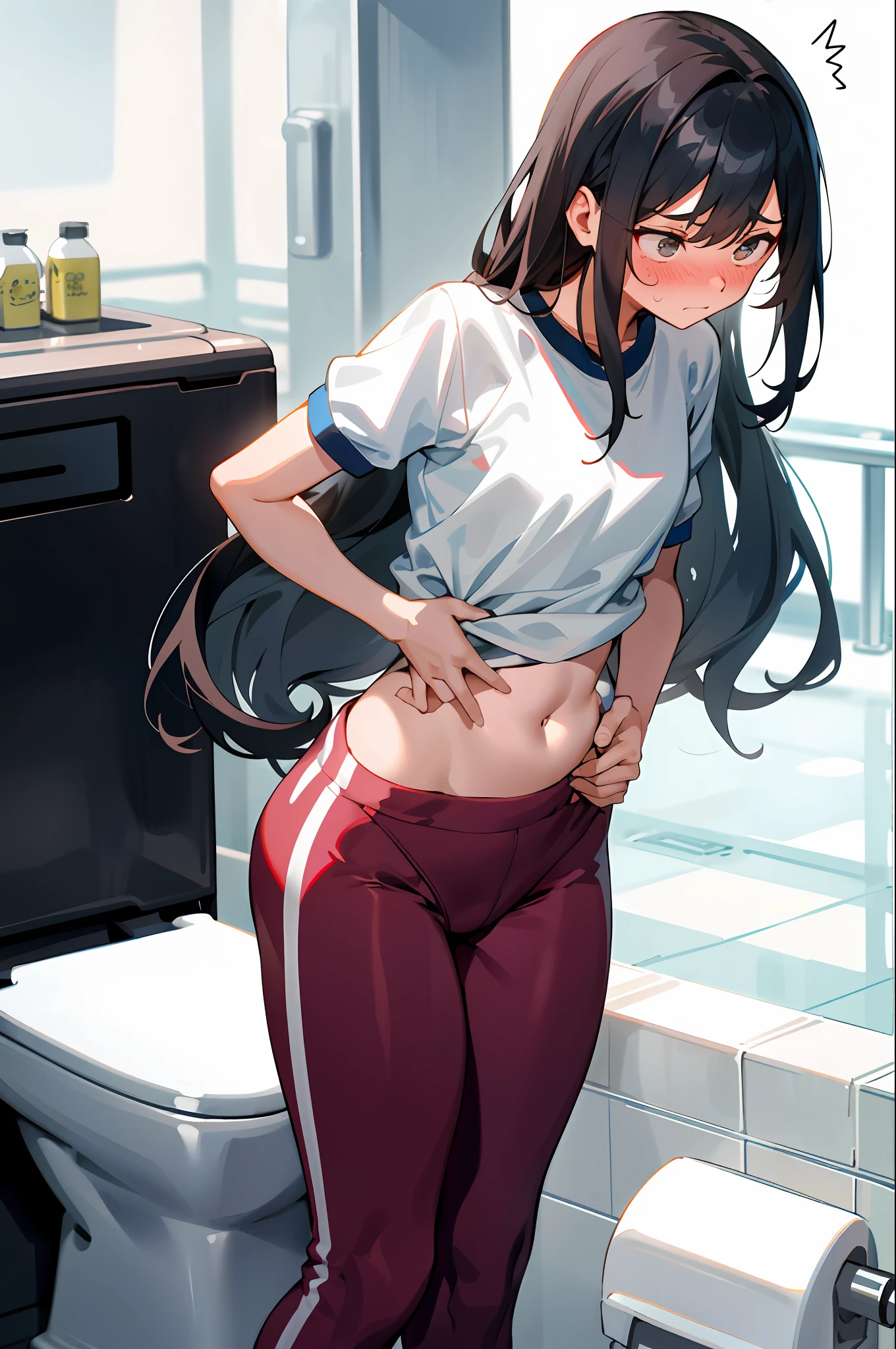 1 girl with long hair and gym clothes, 1 girl takes to the toilet, looks away, stands, embarrassed, blushes, closes mouth, street (girl is peeing): 0.4), holding back pee, holding back from peeing, holding and squirming with both hands holding the crotch, tight gym clothes + belly button,