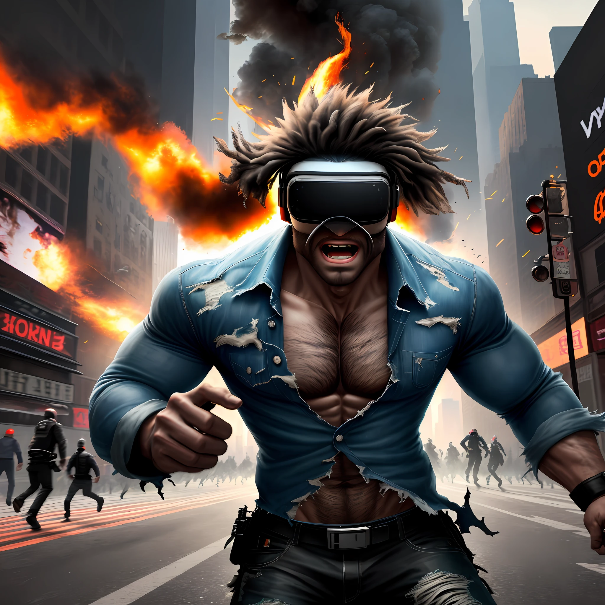best quality of representation of a VIRTUAL REALITY, real man, torn clothes, in a real world, chaotic New York City on fire, chasing a human being, shadows, close up, 16:9, chaotic world environment, end of world