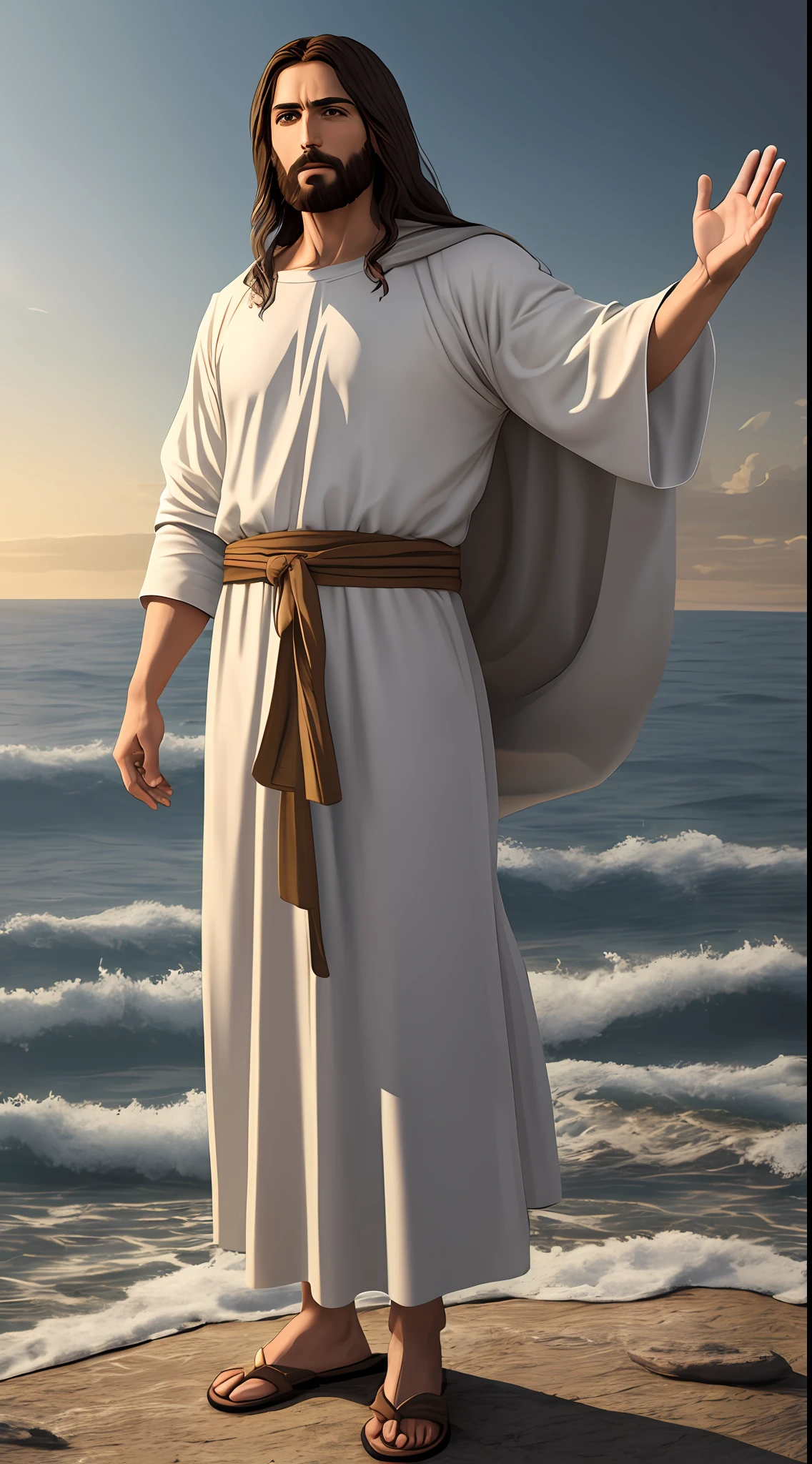 Jesus Christ wearing typical clothes from Nazareth, standing on the waters of the sea, extending his left hand, with a look of kindness, Very detailed, Cinematic lighting, Hyperrealistic, Realistic CGI, neutral colors, simple clothes, simple expression, Anthropomorphic, Studio light