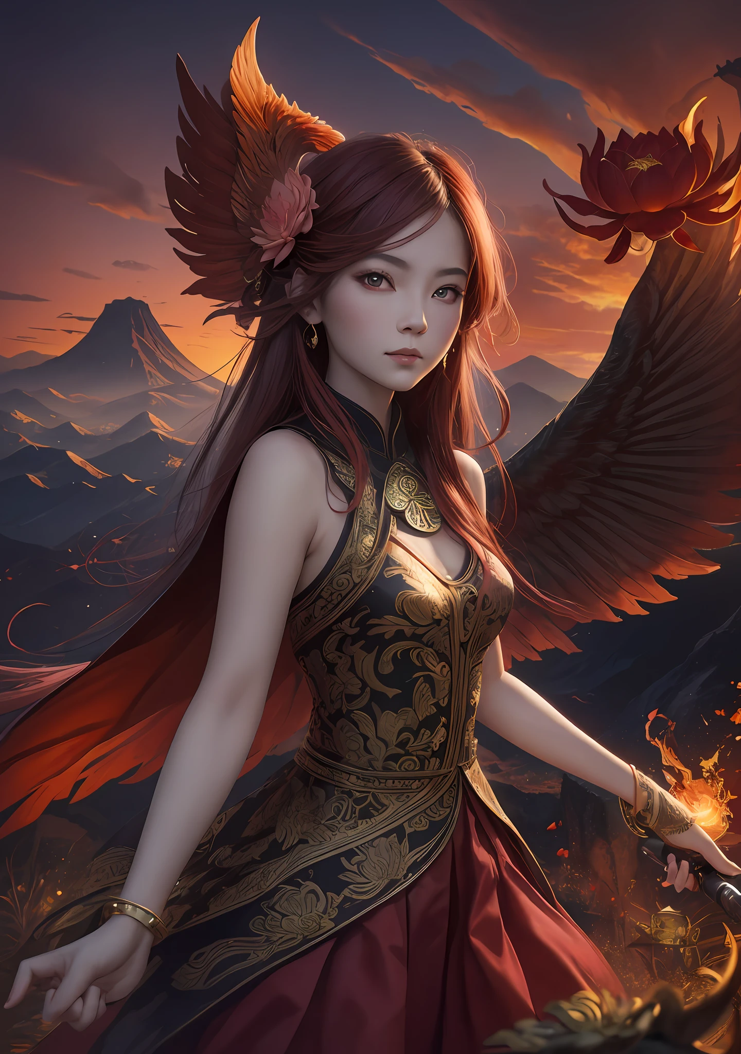(Masterpiece, best quality: 1.2), a girl with phoenix wings standing in a ring of fire, with glowing red eyes, phoenix, lotus flowers, red gold pink, sunrise from mountain at the background, old china buildings
