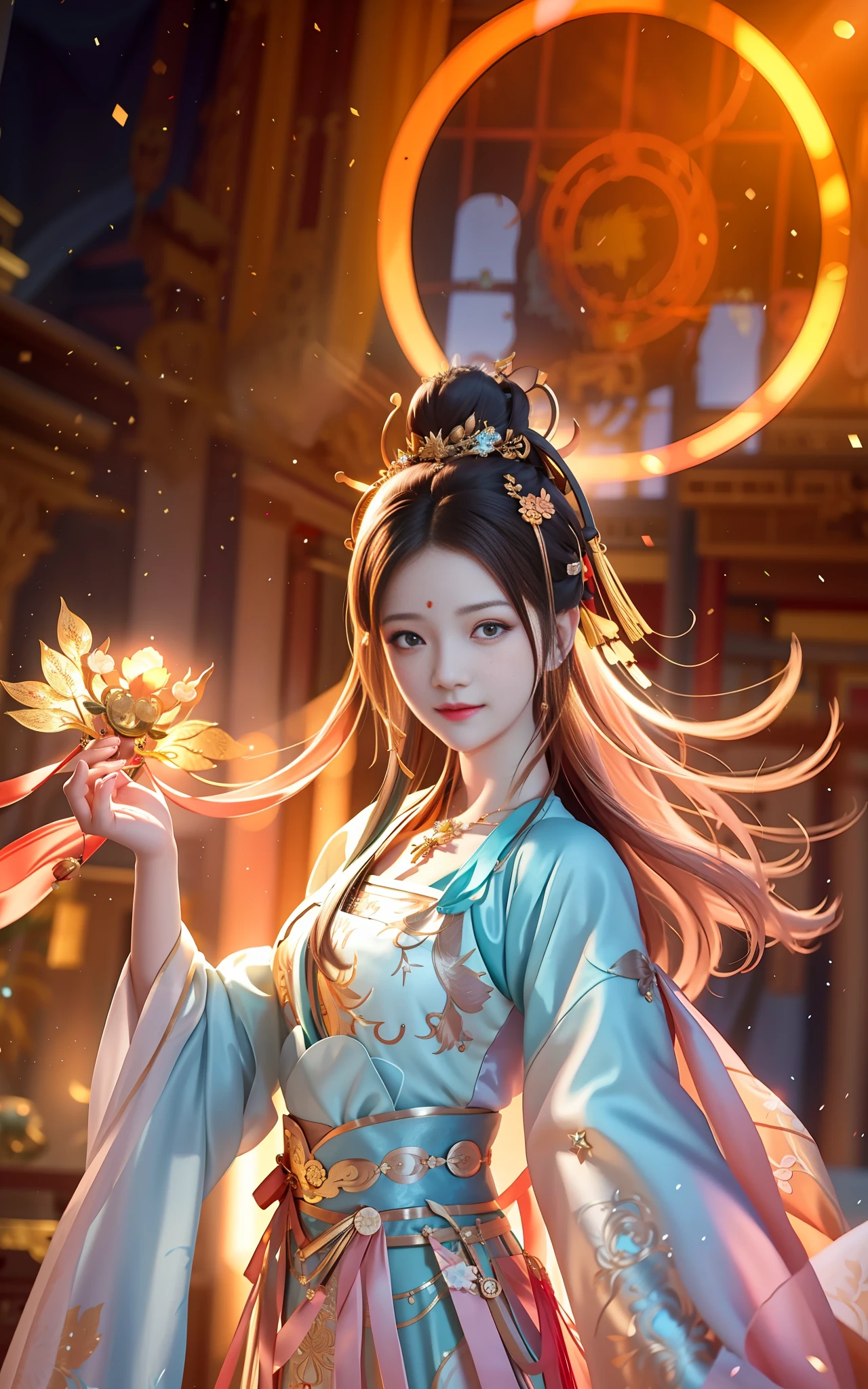 best quality, masterpiece, highres, 1girl,blush,(seductive smile:0.8),star-shaped pupils,china hanfu,hair ornament,necklace, jewelry,Beautiful face,upon_body, tyndall effect,photorealistic, dark studio, rim lighting, two tone lighting,(high detailed skin:1.2), 8k uhd, dslr, soft lighting, high quality, volumetric lighting, candid, Photograph, high resolution, 4k, 8k, Bokeh