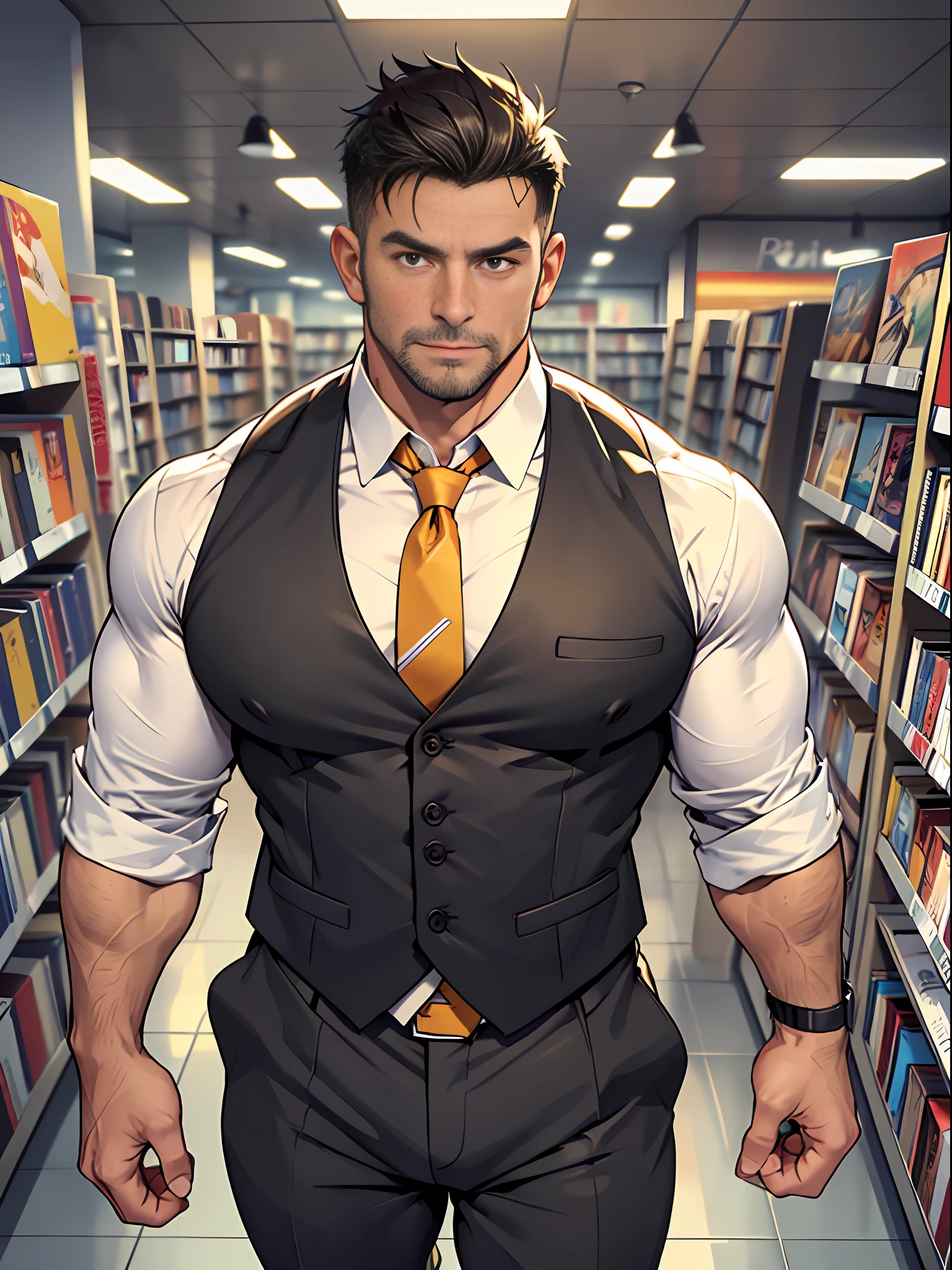 30 years old, male, white inch, stubble, huge muscles, mature man, muscle swelling, bodybuilding, chest muscles, abs, in a bookstore, wearing a suit vest, tie, trousers, black socks, leather shoes, natural light, wheat-colored skin, 1man