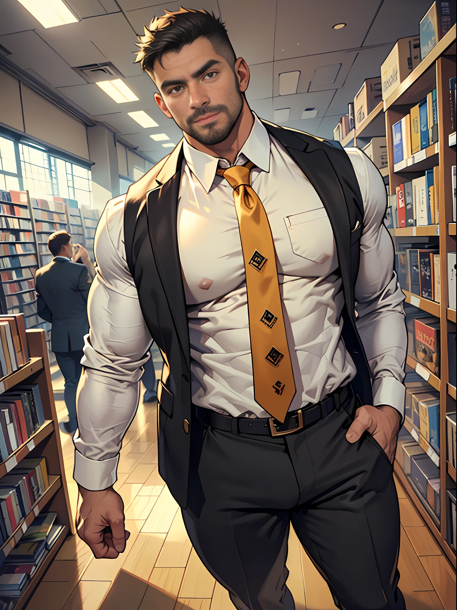 30 years old, male, white inch, stubble, huge muscles, mature man, muscle swelling, bodybuilding, chest muscles, abs, in a bookstore, wearing a suit vest, tie, trousers, black socks, leather shoes, natural light, wheat-colored skin, 1man