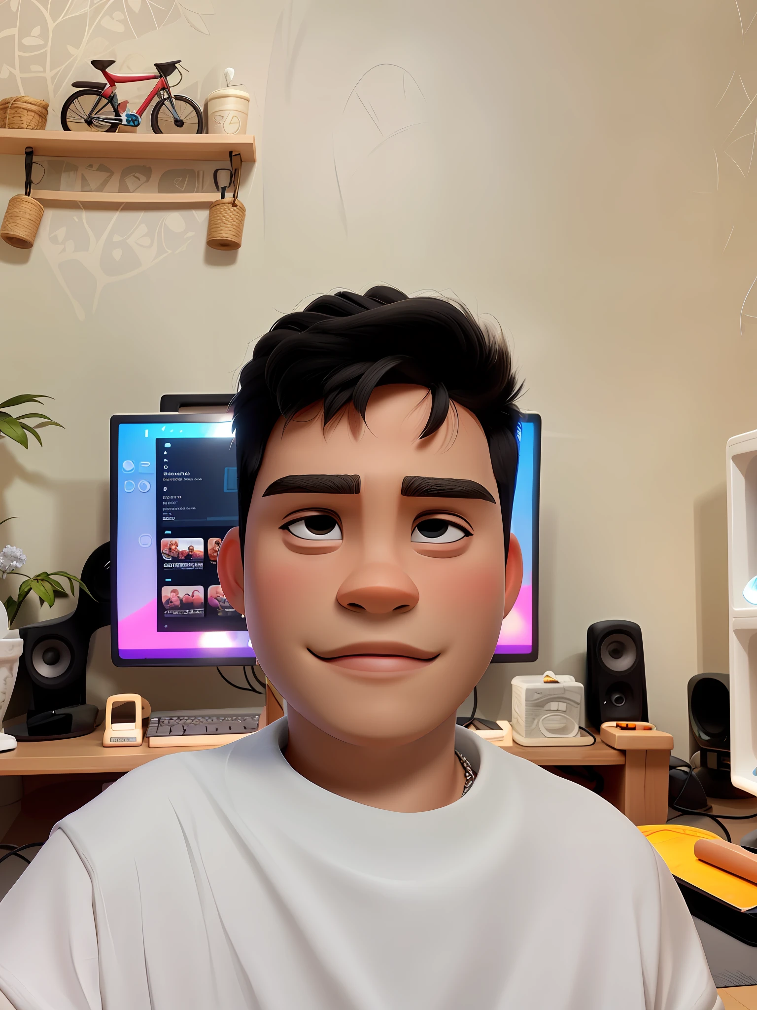 A boy sitting in front of a computer, 22 years old, big eyes, looking at the audience, silver necklace, white skin, handsome, clean, happy, smiling, warm light makes people feel warm, gamer, close-up details, Pixar style, OC rendering, 8K