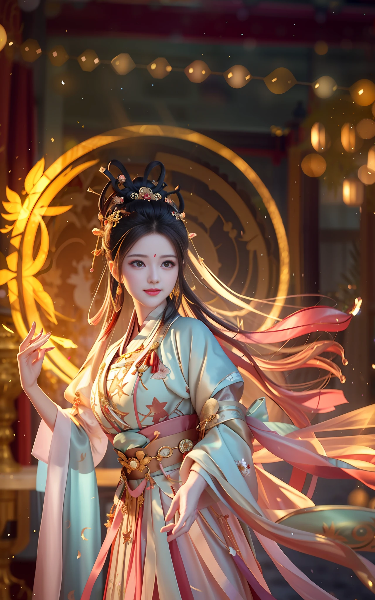 best quality, masterpiece, highres, 1girl,blush,(seductive smile:0.8),star-shaped pupils,china hanfu,hair ornament,necklace, jewelry,Beautiful face,upon_body, tyndall effect,photorealistic, dark studio, rim lighting, two tone lighting,(high detailed skin:1.2), 8k uhd, dslr, soft lighting, high quality, volumetric lighting, candid, Photograph, high resolution, 4k, 8k, Bokeh