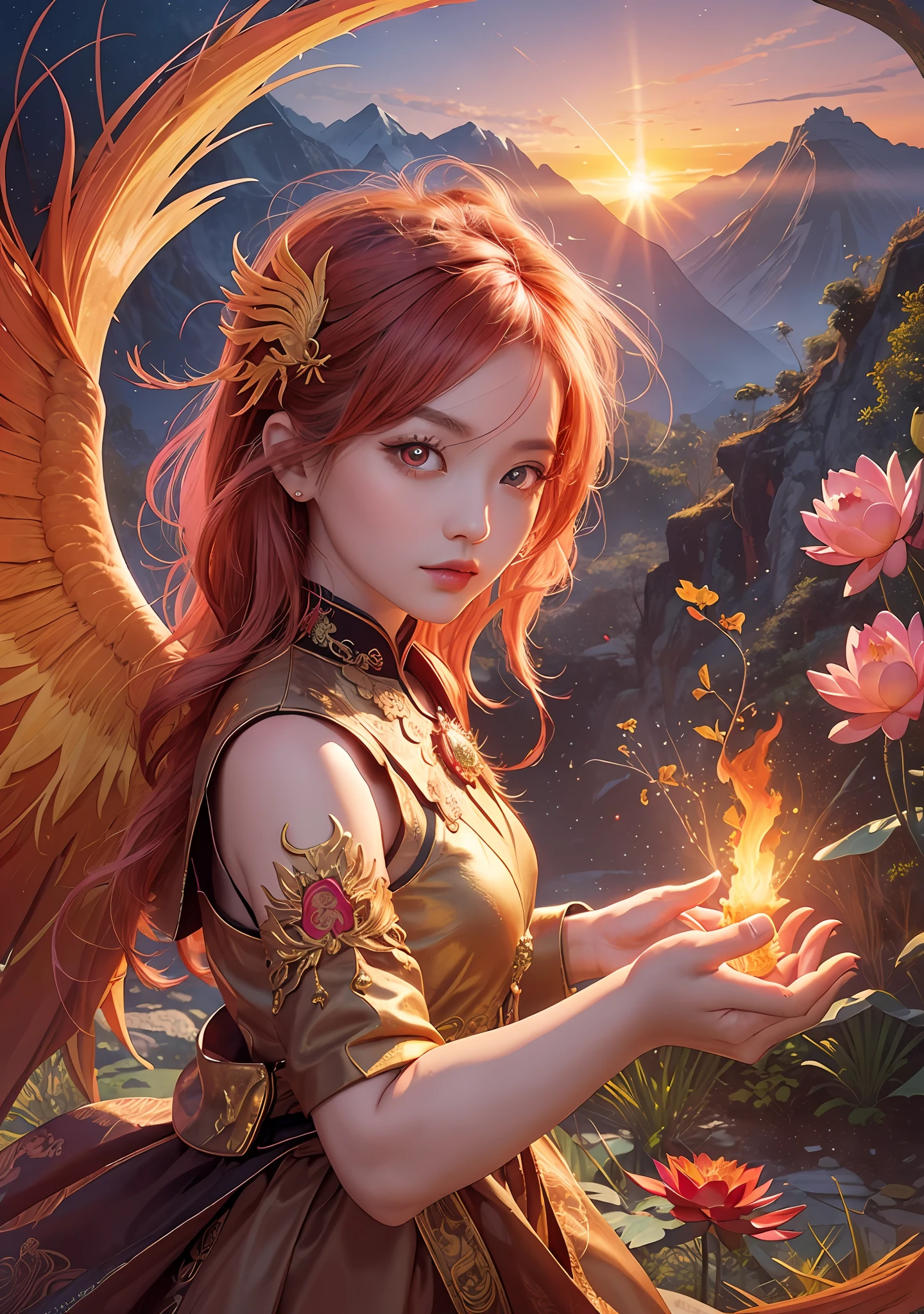 (Masterpiece, best quality: 1.2), a girl with phoenix wings standing in a ring of fire, with glowing red eyes, phoenix, lotus flowers, red gold pink, sunrise from mountain at the background, old china buildings