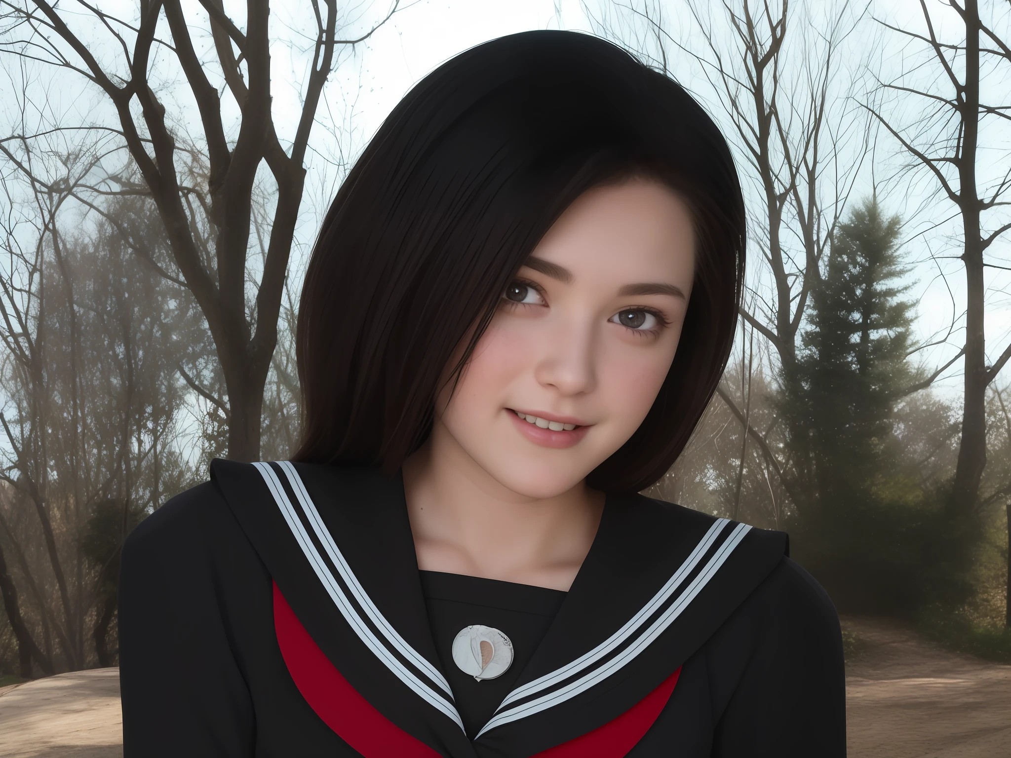 masterpiece, realistic, detailed eyes, cute, look viewer,
natural light, depth of field, film grain, wrinkled skin,
18 years old, female, solo,, cleavage, one-len straight, black eyes, white, sailor suit, freckles, grinning, lips,
upper body, portrait, close-up, front view, outdoor