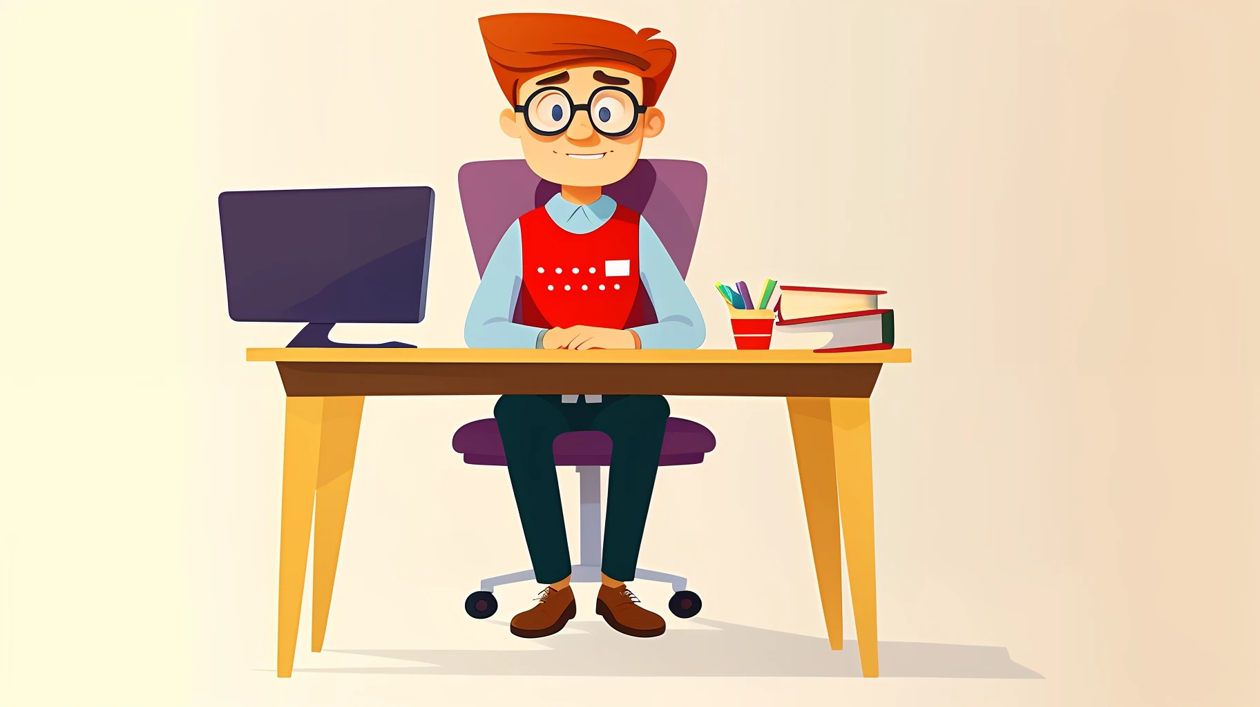 cartoon man sitting at a desk with a computer and a book, sitting at desk, sitting at his desk, sitting at a desk, proffesional illustration, sitting at a computer desk, sitting behind desk, sitting at desk at keyboard, flat illustration, cartoon style illustration, sat at a desk, sitting on a desk, 2d illustration, 2 d illustration