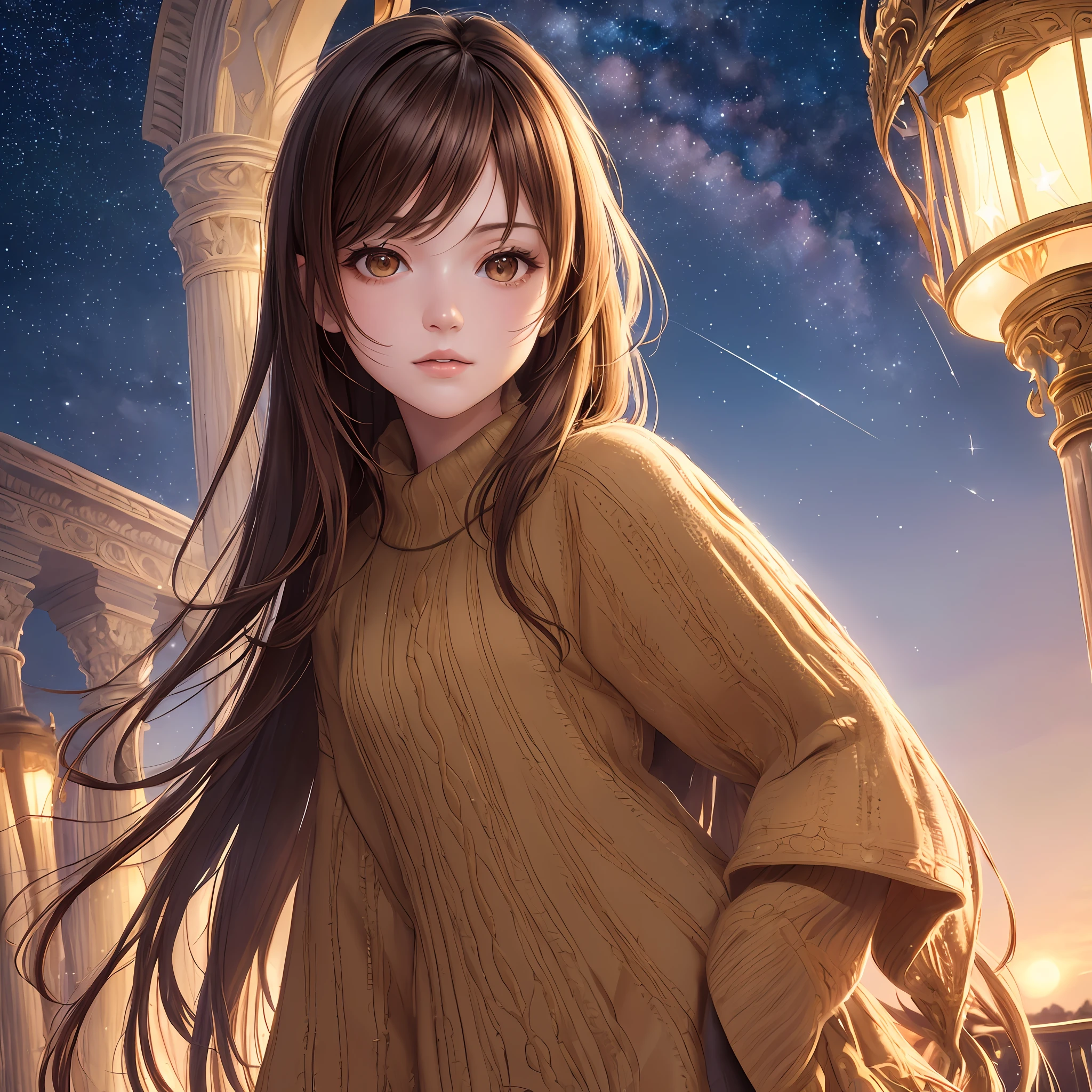 ((Photorealistic: 1.4)) top quality, masterpiece, (raw photo: 1), very delicate and beautiful, very detailed CG, unity, 8k wallpaper, amazing, fine details, masterpiece, best quality, official art, highly detailed CG Unity 8k wallpaper, incredibly ridiculous resolution, huge file size, super detail, ultra high resolution, Very detailed, beautiful details moderately attractive (women) (starry sky at night) (tableland prairie) very detailed eyes and face, beautiful detailed eyes, very detailed face, perfect lighting, face light, movie lighting, warm and attractive lighting, natural colors, 1 girl, looking viewer, sweater, brown eyes, outdoors, standing, {full body}, small breasts,