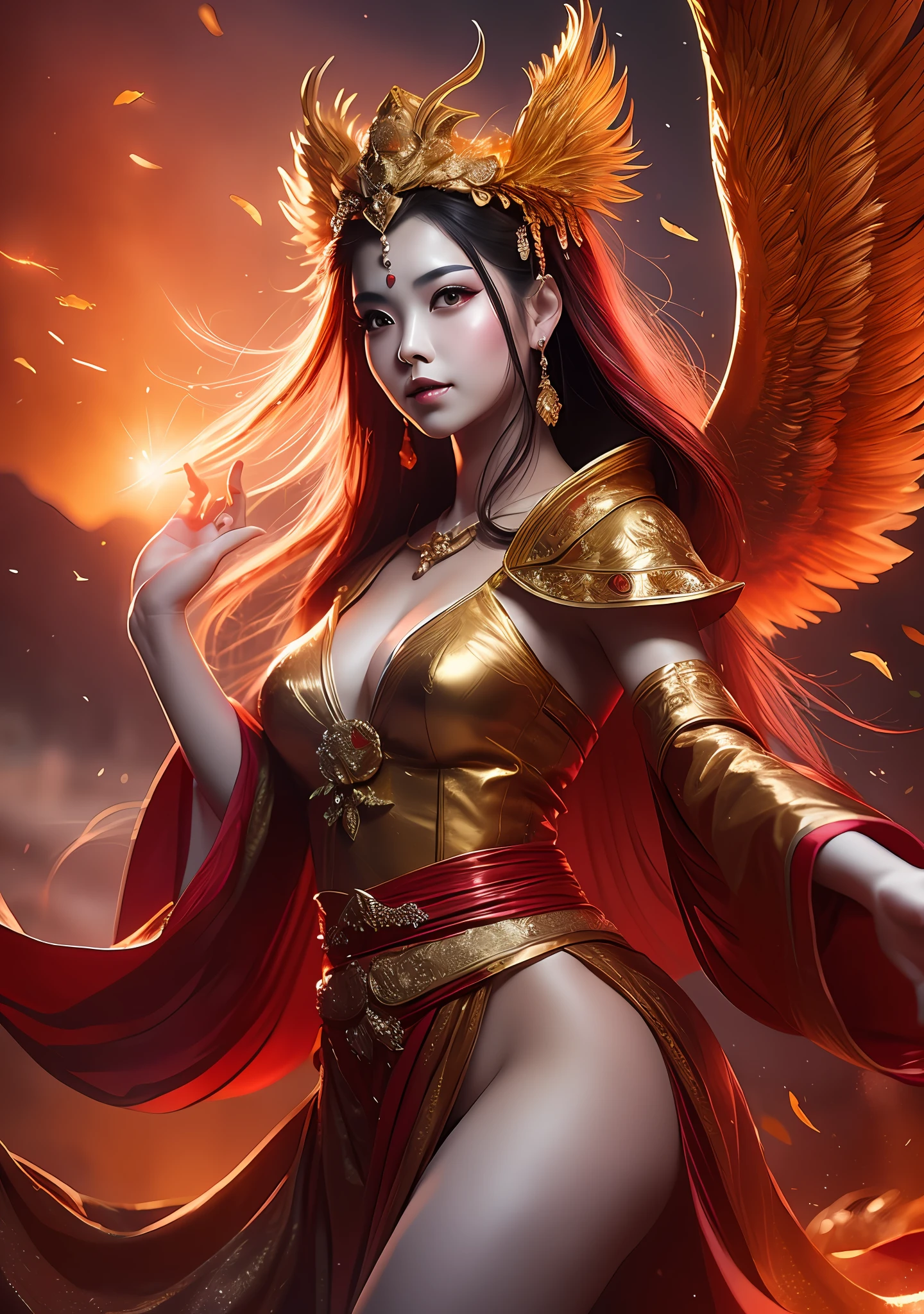 (Masterpiece, best quality: 1.2), a girl with phoenix wings standing in a ring of fire, with glowing red eyes, phoenix, lotus flowers, red gold pink, sunrise from mountain at the background, old china buildings