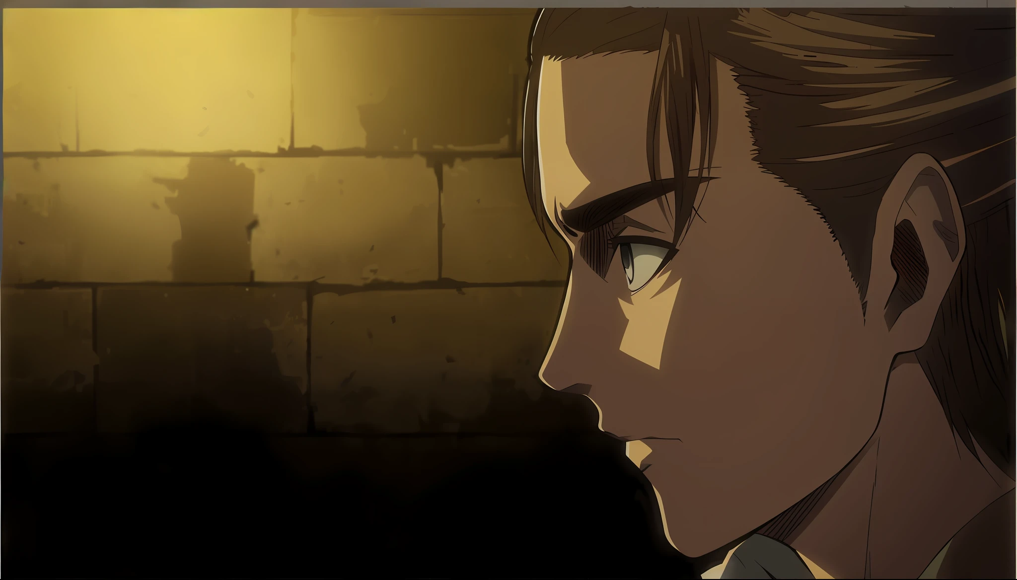 best quality, masterpiece, (realistic: 1.2), 1 man, Eren Jaeger, black jeans, black pants, brown hair, attack on Titan, cold background, black jacket, slim body, high definition, high quality, black clothes