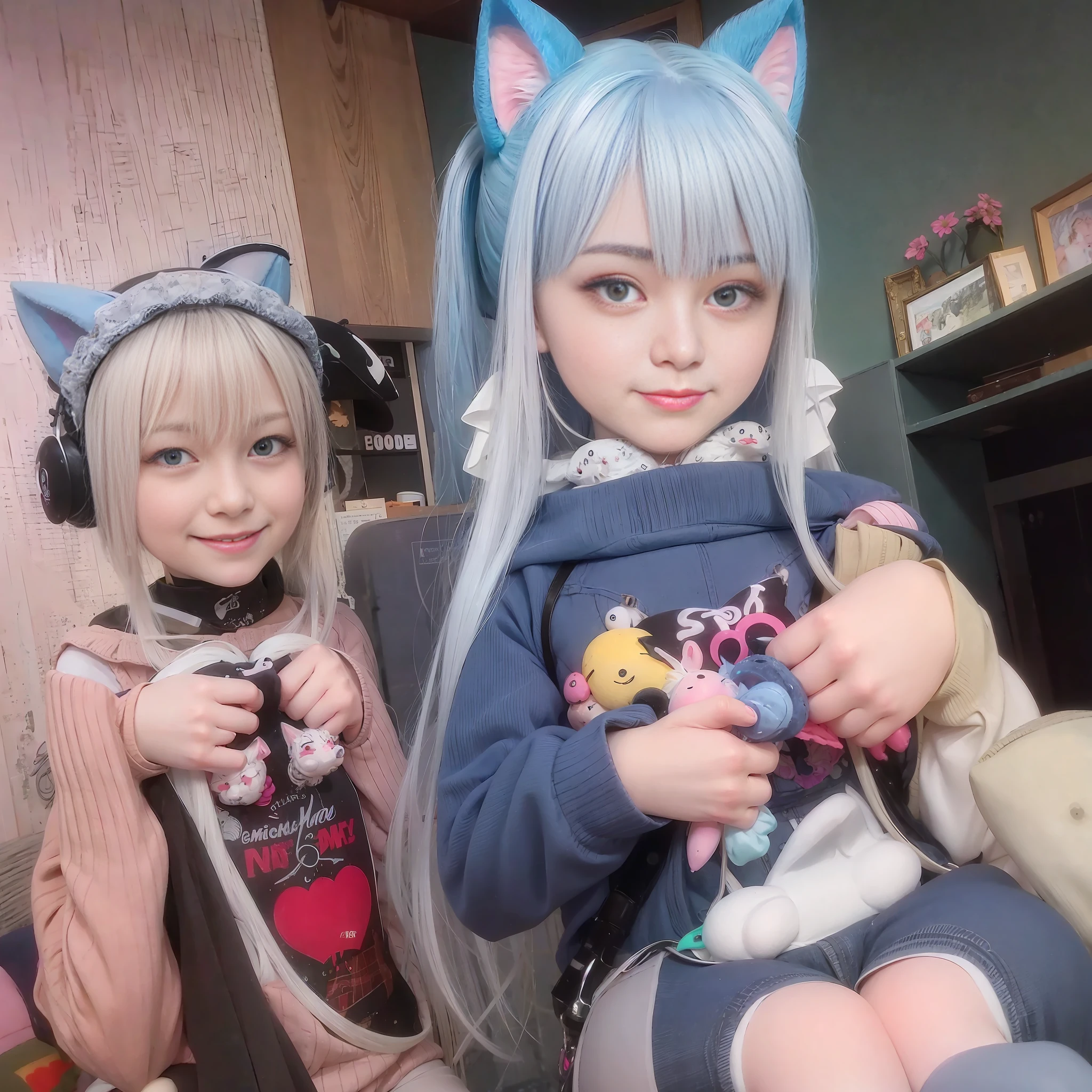 White hair, blue dyed cat ears, blushing, smiling, looking at the camera, double ponytails, holding a doll