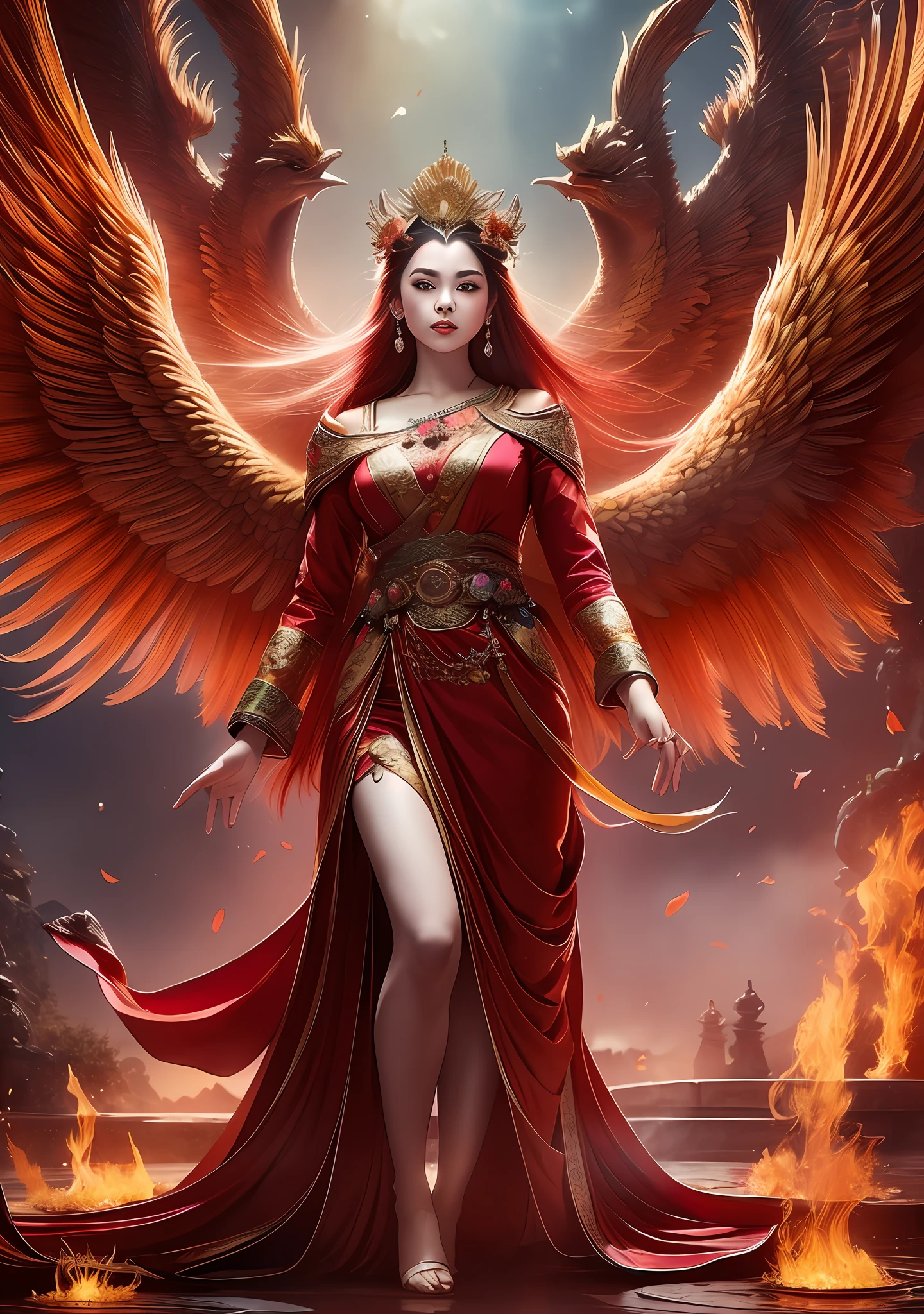 (Masterpiece, best quality: 1.2), a girl with phoenix wings standing in a ring of fire, with glowing red eyes, phoenix, lotus flowers, red gold pink, sunrise from mountain at the background, old china buildings