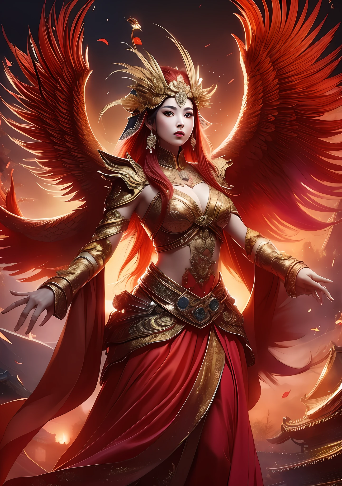 (Masterpiece, best quality: 1.2), a girl with phoenix wings standing in a ring of fire, with glowing red eyes, phoenix, lotus flowers, red gold pink, sunrise from mountain at the background, old china buildings