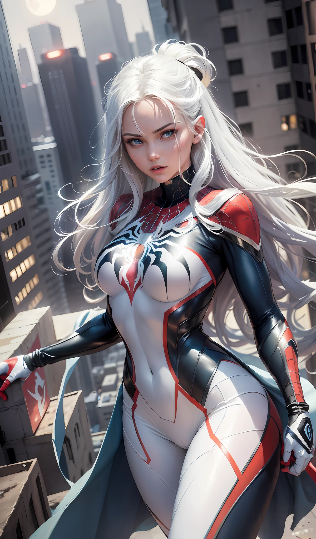 (Masterpiece, 4k resolution, ultra-realistic, very detailed), (White superhero theme, charismatic, there's a girl on top of town, wearing Spider-Man costume, she's a superhero), [ ((25 years), (long white hair:1.2), full body, (blue eyes:1.2), ((Spider-Man pose),show of strength, jumping from one building to another), ((sandy urban environment):0.8)| (cityscape, at night, dynamic lights), (full moon))] # Explanation: The Prompt mainly describes a 4K painting of ultra-high definition, very realistic, very detailed. It shows a superheroine at the top of the city, wearing a Spider-Man costume. The theme in the painting is a white superhero theme, the female protagonist has long white hair, is 25 years old and her entire body is shown in the painting. In terms of portraying the actions of superheroines, spiders are employed