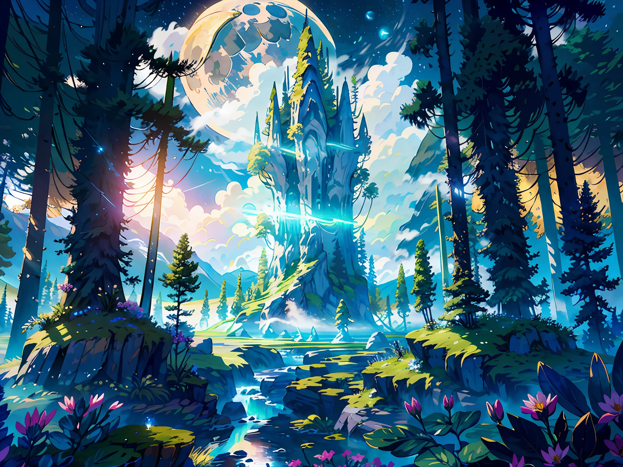 (masterpiece,best quality,highres,ultra_detailed:1.2),
(detailed_background),landscape,((night,moon,starry sky,milky_way:1.5)),dark,((flowers:1.6)),
fantasy, light_particles,ruins:0.5, pond|river, stone forest|stone pillars, waterfall, cliff, sakura,floating,Style-Petal:0.5,mist:0.4,magic,Illustration of a hyperrealistic , otherworldly, ultrasky scene featuring a giant crystal tree full body,very detailed and magical lighting, intricate forest details, vegetation and river around, solarpunk ,landscape, giant tree, beatifull leafy with beautiful lighting and realistic proportions, as if it were a cinematic background, 8k, highest quality, masterpiece, clouds and stars in the sky.complex design, ultra-details :1.2), Art Station, (Masterpiece, Best Quality), Ultra HD, 32k ,octane render, bioluminescent,8K resolution concept art, realism,by Mappa studios,masterpiece,best quality,official art,illustration,ligne claire,(cool_color),perfect composition,absurdres, fantasy,focused,(in the air),(above the cloud),epic,(focus_girl:1.2),(girl standing on a stone pillar look up searching for the top of the tree,rule of thirds,anime_face,fine-tuning face, detailed eyes,cute face,black hair, finely detailed fantasy traveler clothes,calm expression ,overhead_viewer,wind blow at viewer,fantastic plant,((Giant World Tree)),motion,(depth_of_field), extension image, view from above ,elden ring,fully show the tree --v6