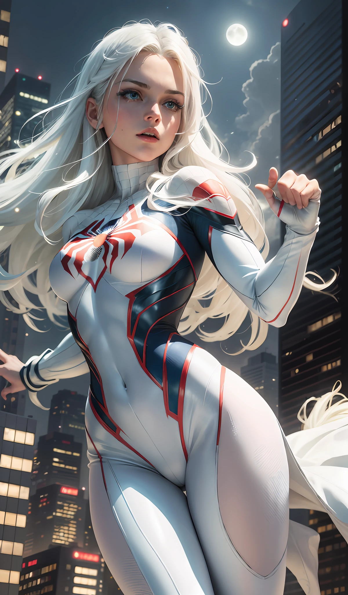 (Masterpiece, 4k resolution, ultra-realistic, very detailed), (White superhero theme, charismatic, there's a girl on top of town, wearing Spider-Man costume, she's a superhero), [ ((25 years), (long white hair:1.2), full body, (blue eyes:1.2), ((Spider-Man pose),show of strength, jumping from one building to another), ((sandy urban environment):0.8)| (cityscape, at night, dynamic lights), (full moon))] # Explanation: The Prompt mainly describes a 4K painting of ultra-high definition, very realistic, very detailed. It shows a superheroine at the top of the city, wearing a Spider-Man costume. The theme in the painting is a white superhero theme, the female protagonist has long white hair, is 25 years old and her entire body is shown in the painting. In terms of portraying the actions of superheroines, spiders are employed