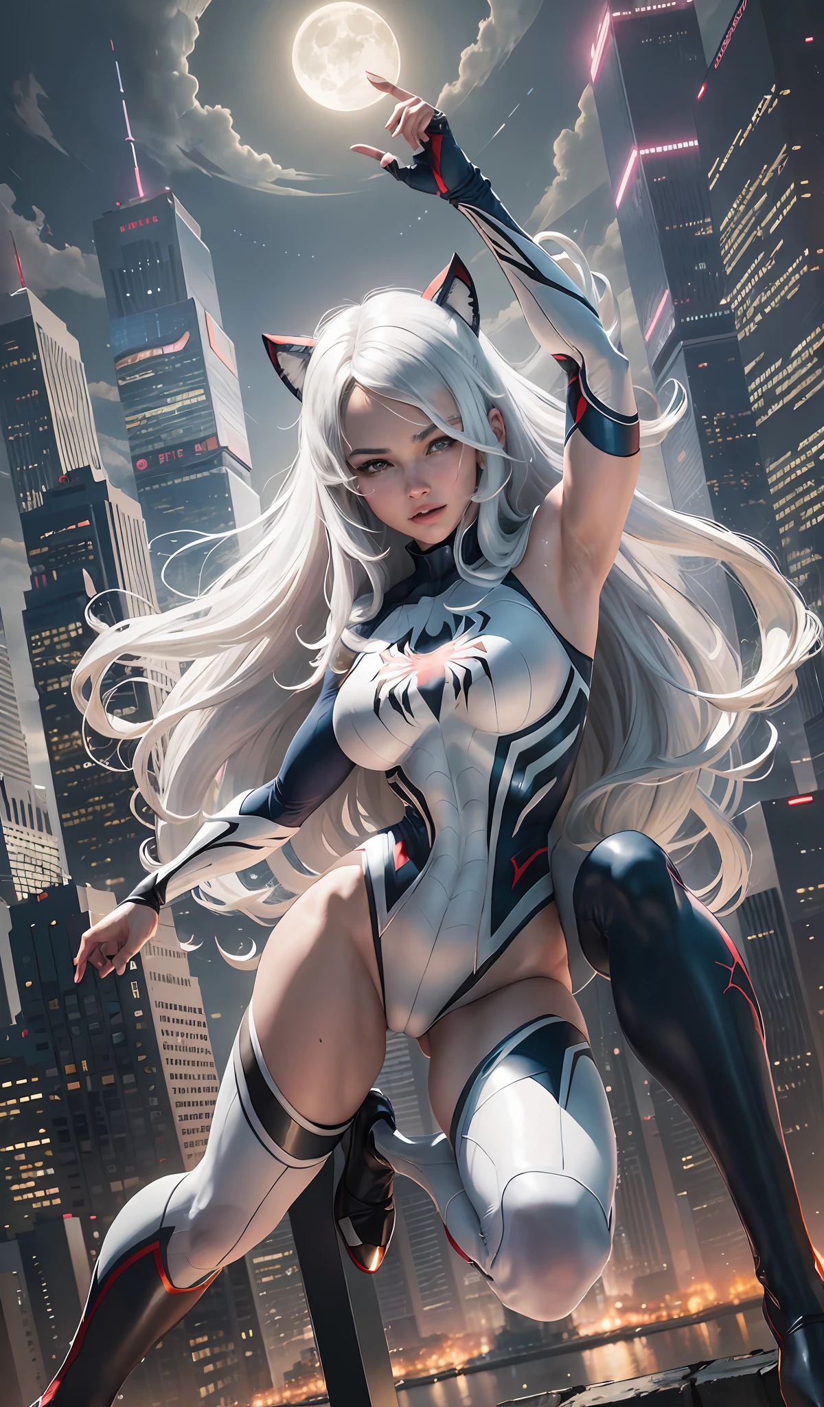 (Masterpiece, 4k resolution, ultra-realistic, very detailed), (White superhero theme, charismatic, there's a girl on top of town, wearing Spider-Man costume, she's a superhero), [ ((25 years), (long white hair:1.2), full body, (blue eyes:1.2), ((Spider-Man pose),show of strength, jumping from one building to another), ((sandy urban environment):0.8)| (cityscape, at night, dynamic lights), (full moon))] # Explanation: The Prompt mainly describes a 4K painting of ultra-high definition, very realistic, very detailed. It shows a superheroine at the top of the city, wearing a Spider-Man costume. The theme in the painting is a white superhero theme, the female protagonist has long white hair, is 25 years old and her entire body is shown in the painting. In terms of portraying the actions of superheroines, spiders are employed