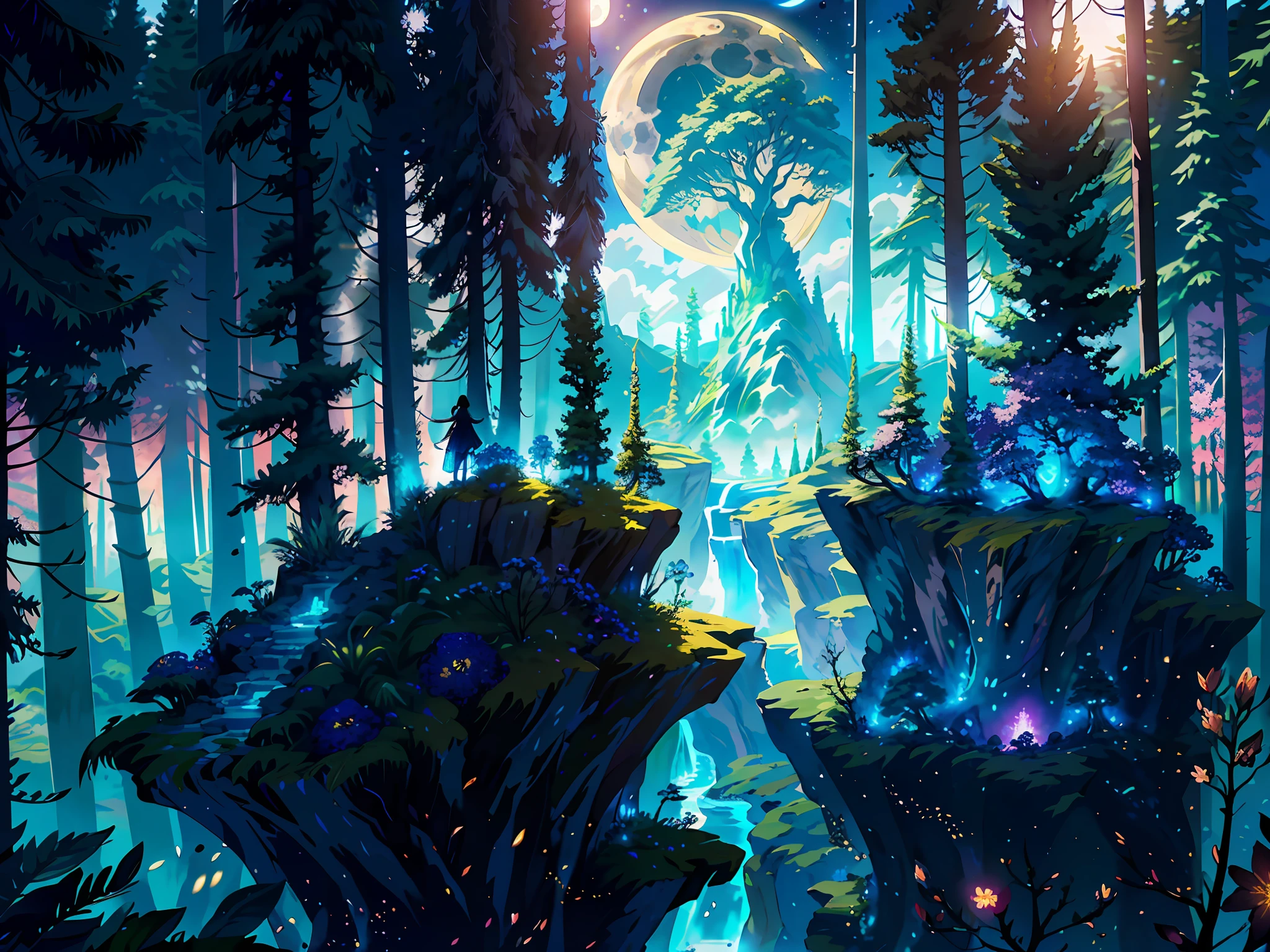 (masterpiece,best quality,highres,ultra_detailed:1.2),
(detailed_background),landscape,((night,moon,starry sky,milky_way:1.5)),dark,((flowers:1.6)),
fantasy, light_particles,ruins:0.5, pond|river, stone forest|stone pillars, waterfall, cliff, sakura,floating,Style-Petal:0.5,mist:0.4,magic,Illustration of a hyperrealistic , otherworldly, ultrasky scene featuring a giant crystal tree full body,very detailed and magical lighting, intricate forest details, vegetation and river around, solarpunk ,landscape, giant tree, beatifull leafy with beautiful lighting and realistic proportions, as if it were a cinematic background, 8k, highest quality, masterpiece, clouds and stars in the sky.complex design, ultra-details :1.2), Art Station, (Masterpiece, Best Quality), Ultra HD, 32k ,octane render, bioluminescent,8K resolution concept art, realism,by Mappa studios,masterpiece,best quality,official art,illustration,ligne claire,(cool_color),perfect composition,absurdres, fantasy,focused,(in the air),(above the cloud),epic,(focus_girl:1.2),(girl standing on a stone pillar look up searching for the top of the tree,rule of thirds,anime_face,fine-tuning face, detailed eyes,cute face,black hair, finely detailed fantasy traveler clothes,calm expression ,overhead_viewer,wind blow at viewer,fantastic plant,((Giant World Tree)),motion,(depth_of_field), extension image, view from above ,elden ring,fully show the tree --v6