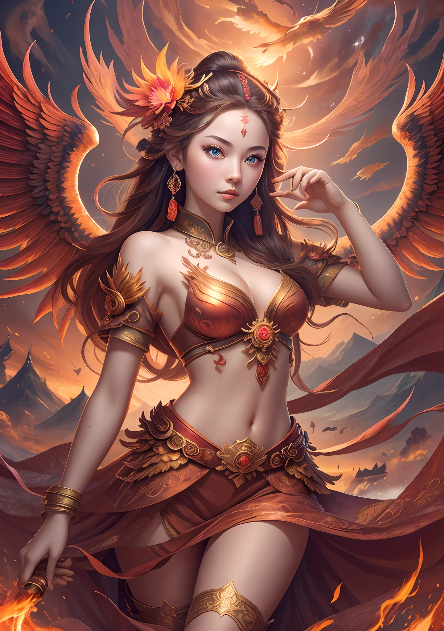 (Masterpiece, best quality: 1.2), a girl with phoenix wings standing in a ring of fire, with glowing red eyes, phoenix, lotus flowers, red gold pink, sunrise from mountain at the background, old china buildings
