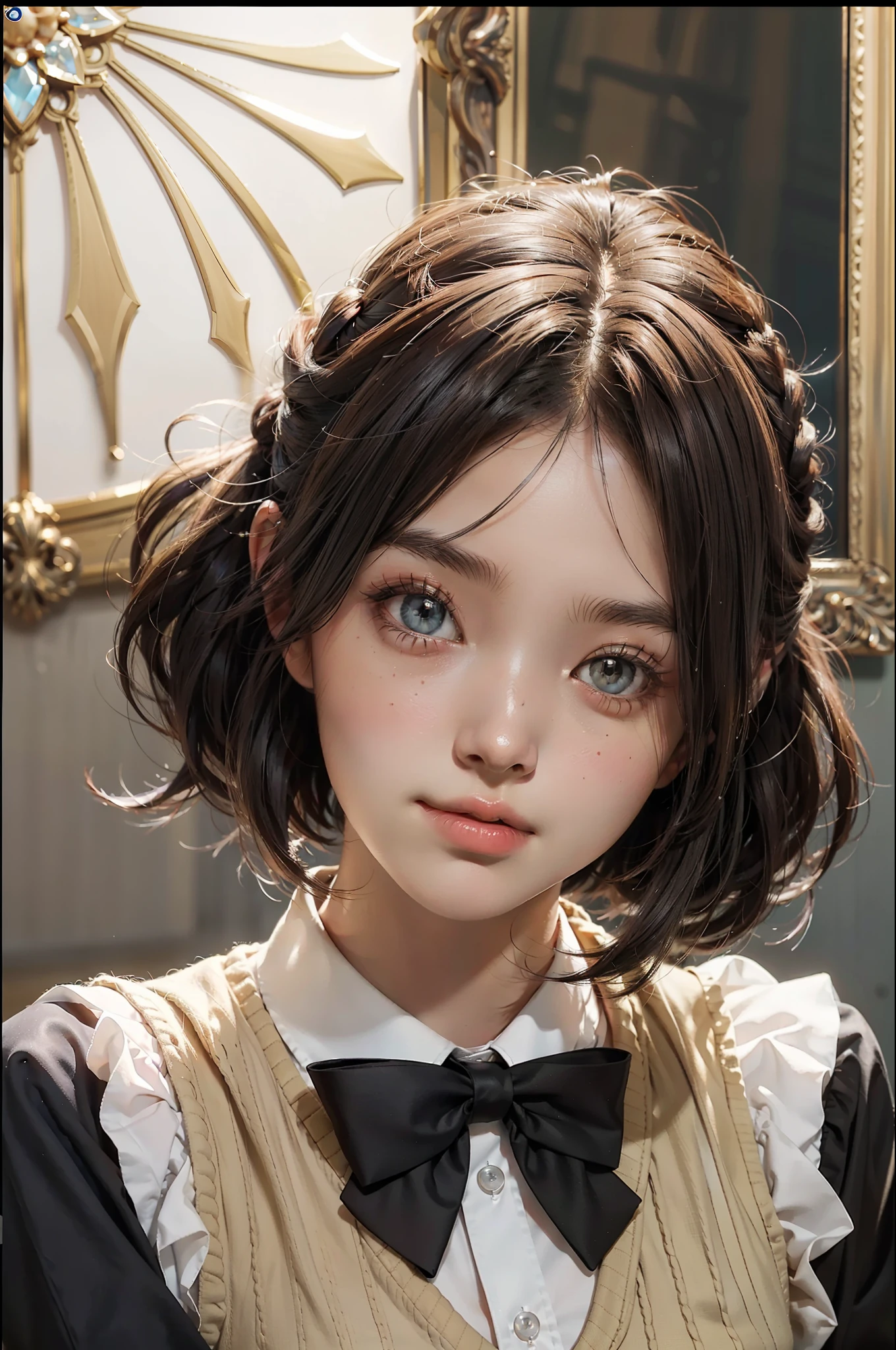 (masterpiece), (full body, full entire body), realistic, (portrait of 20 years old), big-perky breasted, (short hair),short twintails, brown hair, beautiful cross colored hair, brown vest school uniform with christmas color bowtie, beautiful face, cute face, very cute smile, sunlight, cinematic light, bangs, a beautiful woman, beautiful eyes, perfect eyes, beautiful hair, perfect anatomy, very cute, princess eyes , (brown eyes) , ((frame the head)), Centered image, stylized, bioluminescence, 8 life size,8k Resolution, human hands, wonder full, elegant, approaching perfection, dynamic angle, highly detailed, character sheet, concept art, smooth, facing directly at the viewer positioned so that their body is symmetrical and balanced, stunningly beautiful teenage girl, detailed hairstyle,