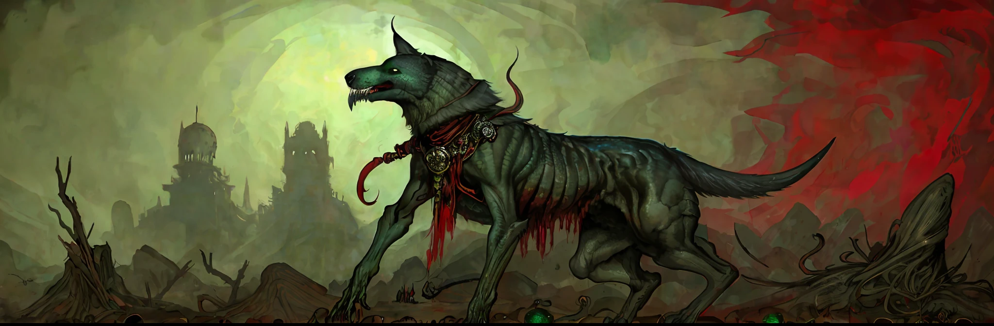 Draw a police dog crouched in a pile of skulls, blood, ritual, summoning circle, medieval, dynamic pose
Ink and watercolor, detailed, fantasy, pastel colors, (red and green tones)
Arthur Rackham's Art,
Best quality, (Ariel style: 1.0)
masterpiece
Dark, terrifying, creepy, creepy,