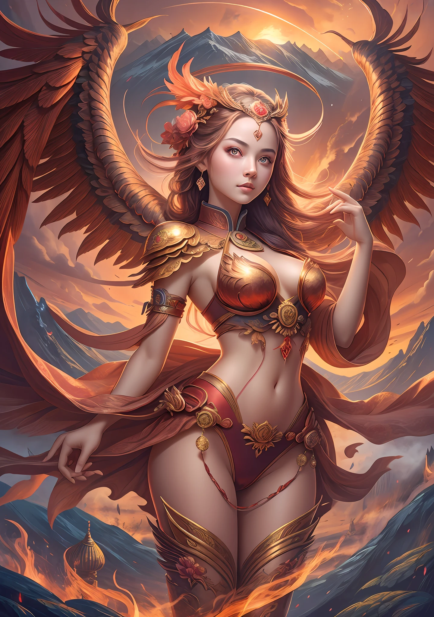 (Masterpiece, best quality: 1.2), a girl with phoenix wings standing in a ring of fire, with glowing red eyes, phoenix, lotus flowers, red gold pink, sunrise from mountain at the background, old china buildings