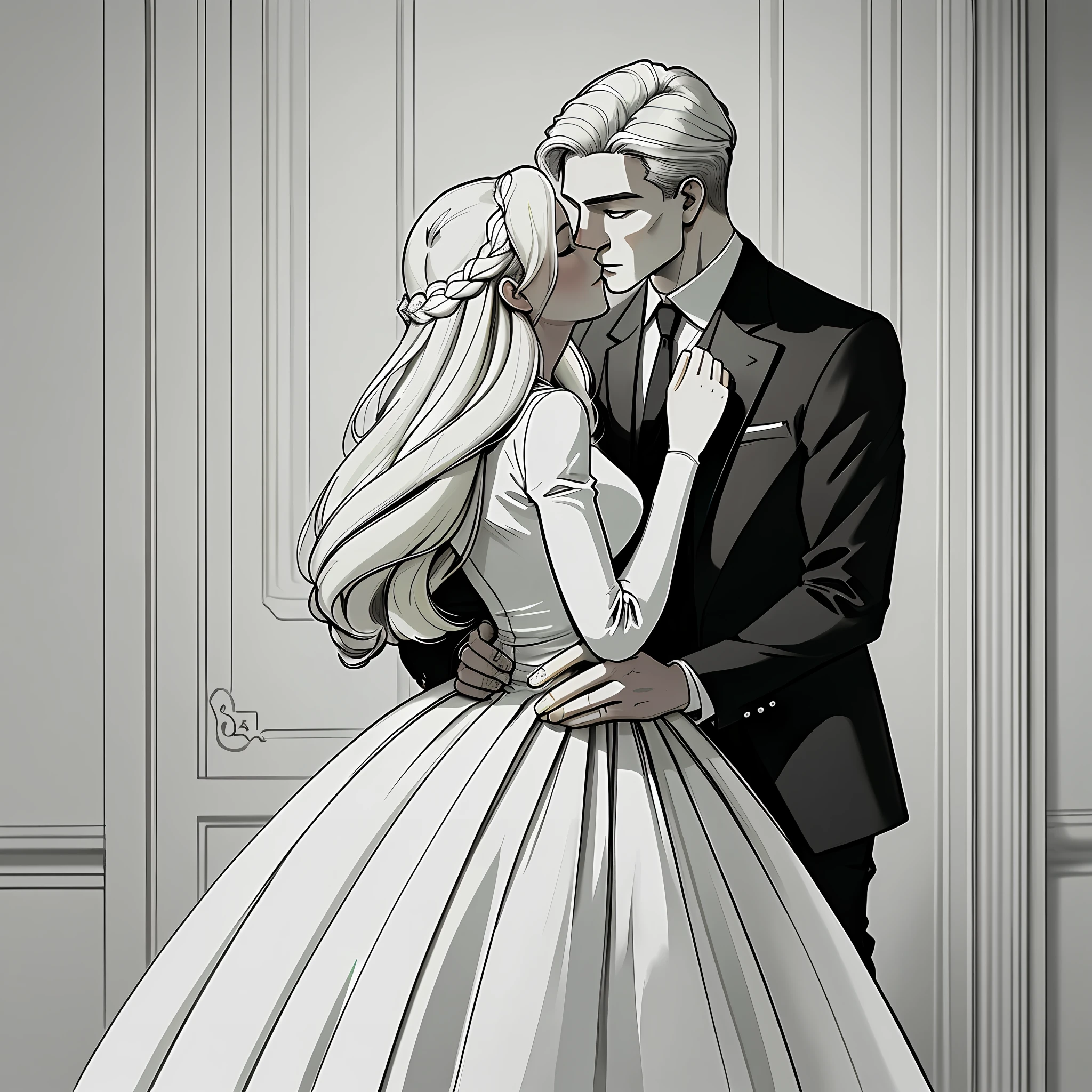 (masterpiece, high quality), monochrome illustration (lineart), couple (a man in black clothes and light hair + a woman in white clothes and light hair), neutral setting, minimalist, book cover, beautiful character and young European. ONLY A SINGLE COUPLE KISSING ELEGANTLY