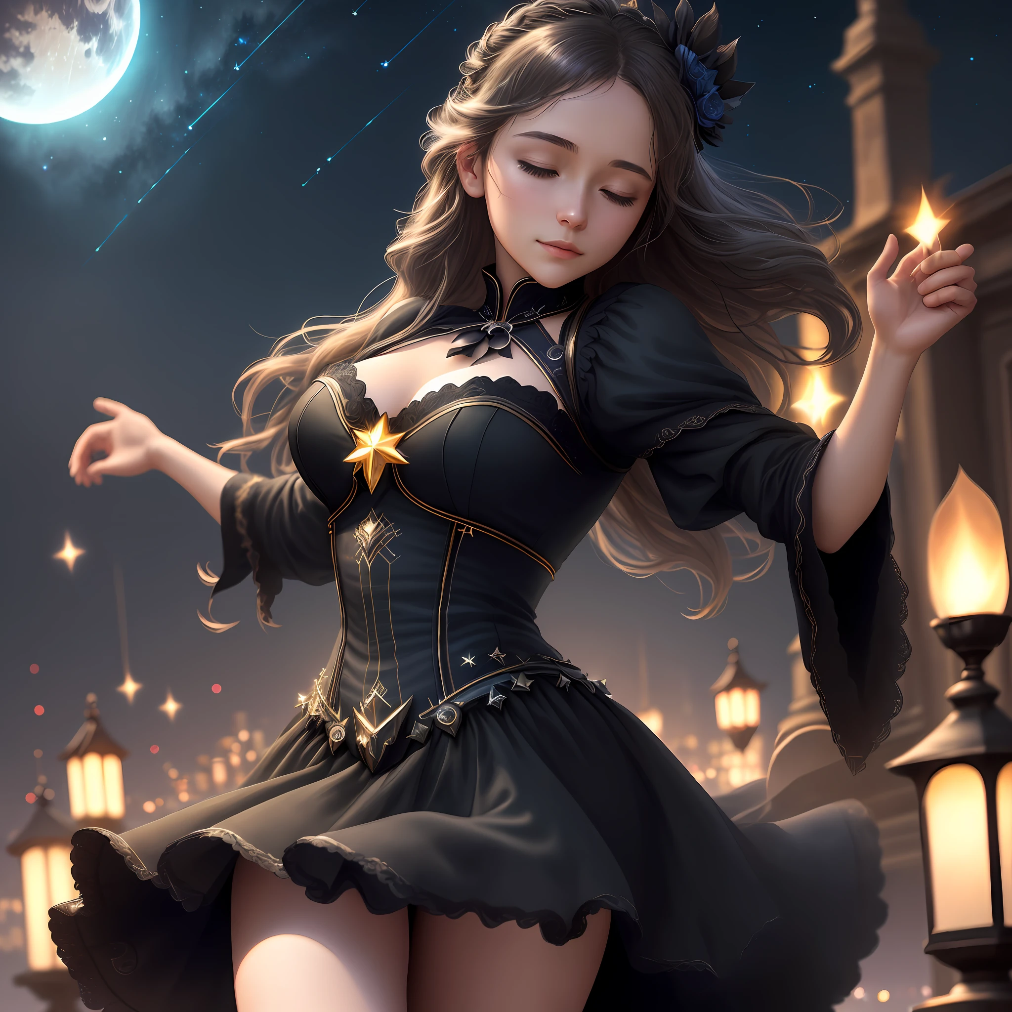 masterpiece, best quality,(realistic),(finely detailed beautiful eyes and detailed face),cinematic lighting,bust shot,extremely detailed CG unity 8k wallpaper,solo,1girl,closed eyes, meteor,medium breasts,detailed and beautiful river scenery,shooting star,firefly,aurora,{{sparkling water}},Isekai cityscape, sky, starry sky,moonlight,moon,night,(dark theme:1.3), light,,dancing, mystical and mysterious atmosphere,relaxed, enjoy,