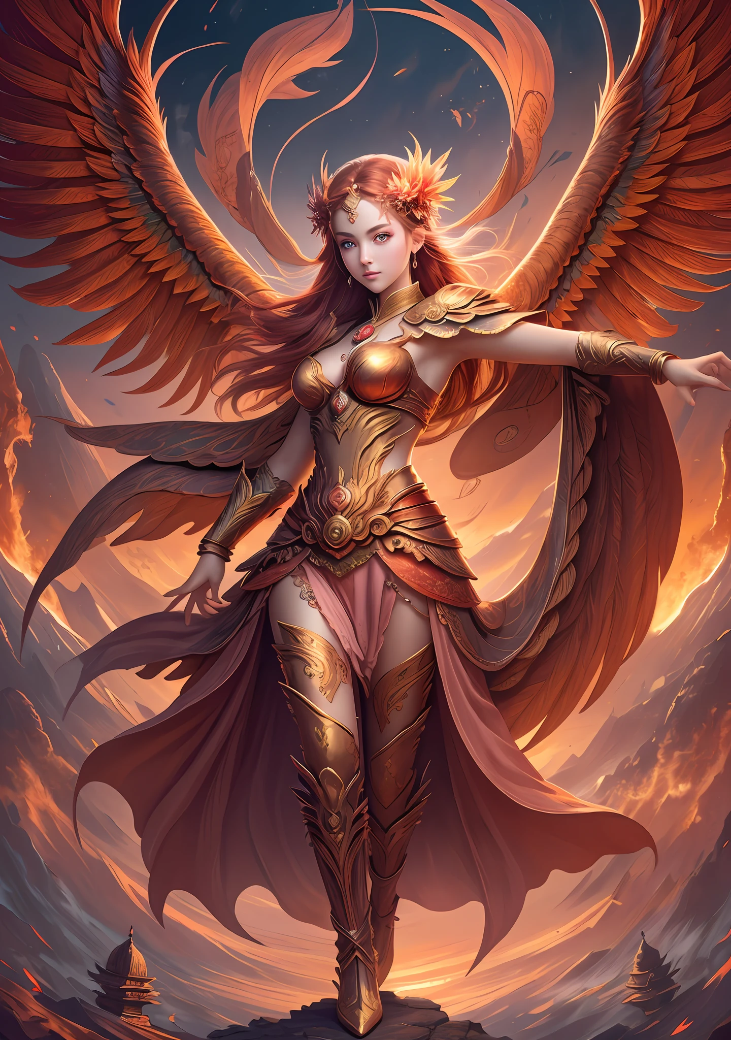 (Masterpiece, best quality: 1.2), a girl with phoenix wings standing in a ring of fire, with glowing red eyes, phoenix, lotus flowers, red gold pink, sunrise from mountain at the background