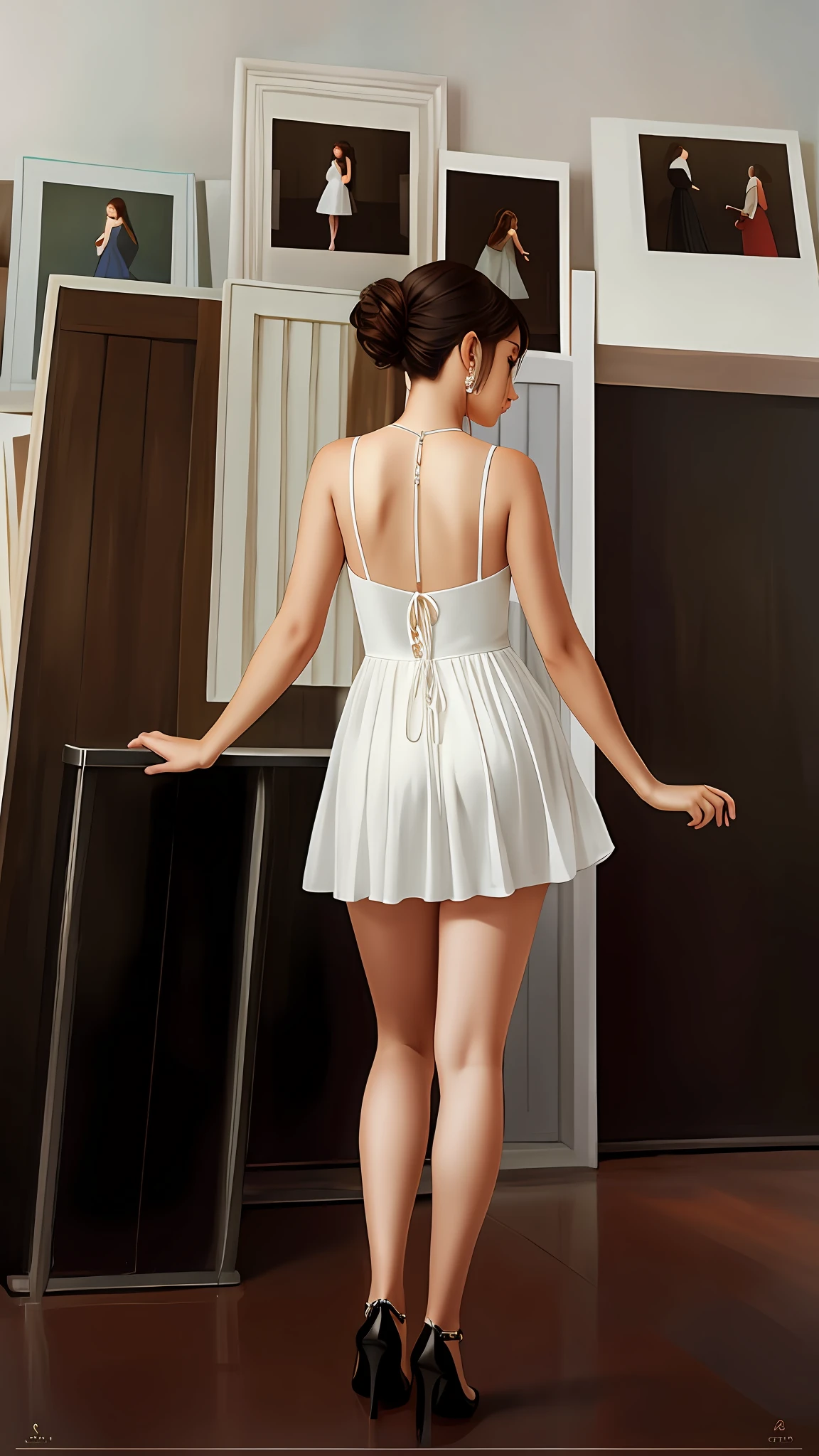 Dress girl, side back full body photo, refreshing and simple background, exquisite details, digital art realistic high texture.