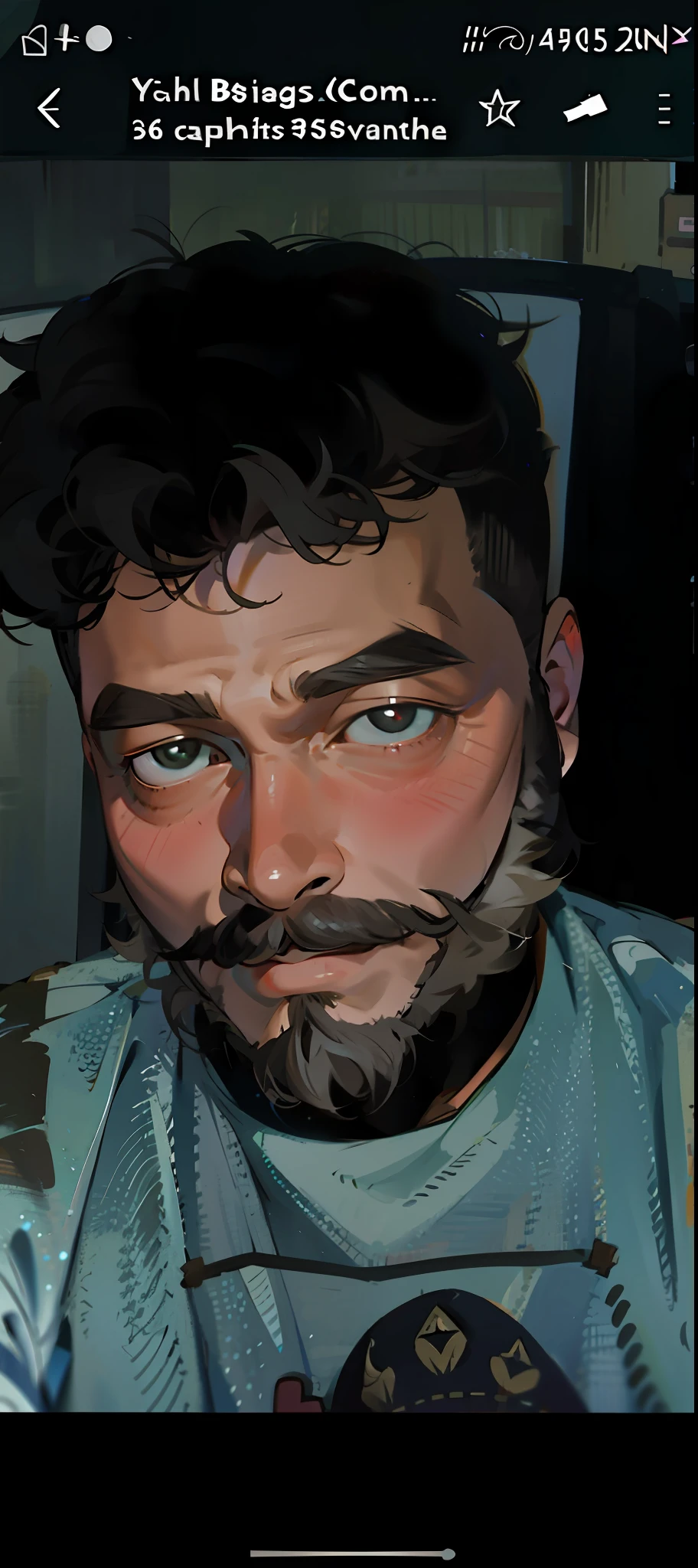 Young is not bald and is in the dark with a beard and mustache and a closed smile