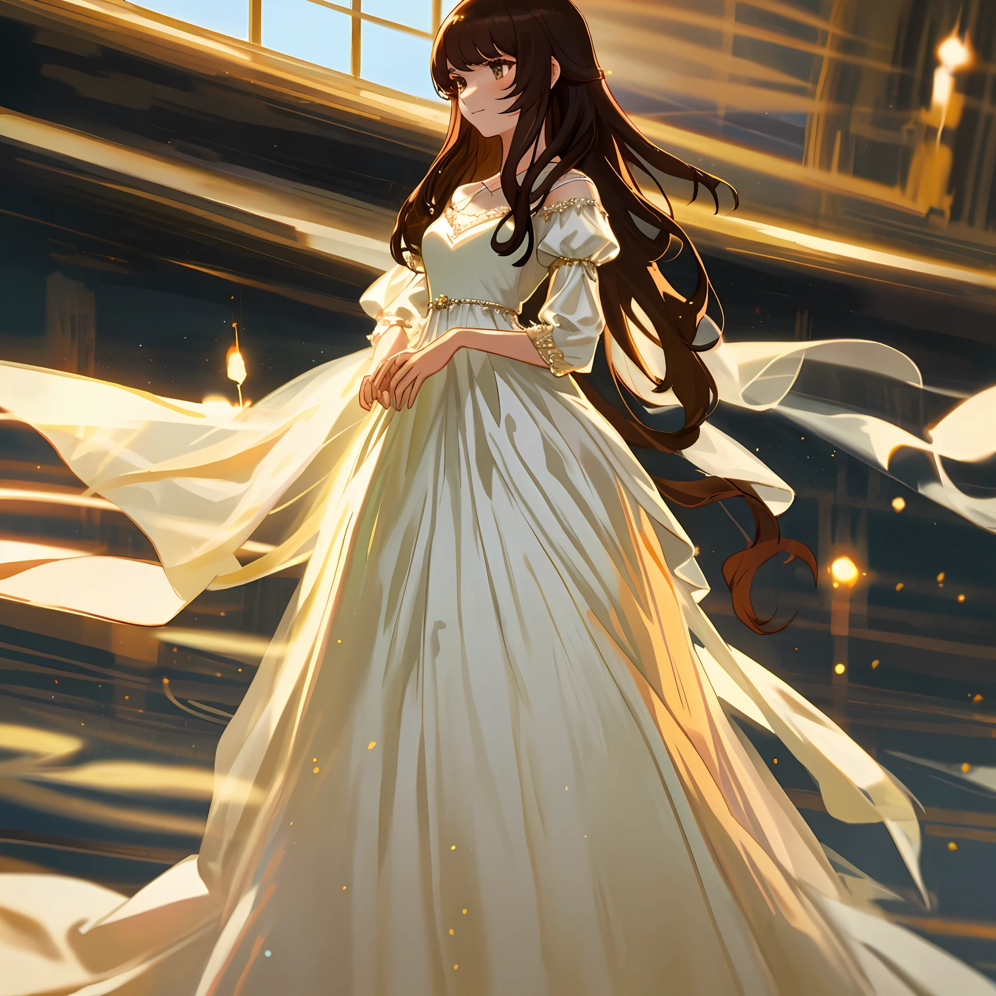 princess, beautiful woman, seductive, dark, standing, sensual eyes, white dress, bangs, queen, brown hair, delicate, young, long hair, half body