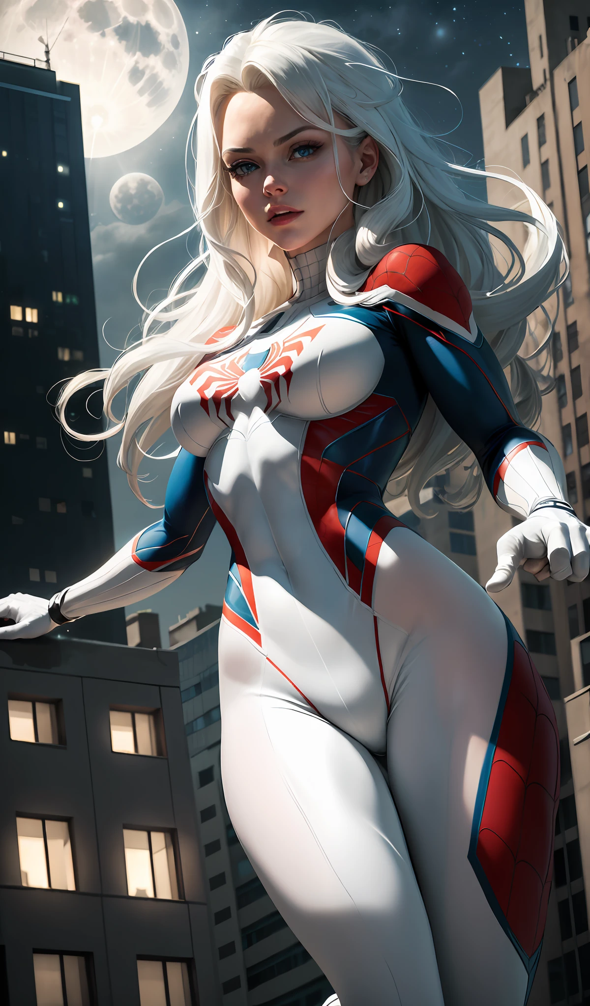 (Masterpiece, 4k resolution, ultra-realistic, very detailed), (White superhero theme, charismatic, there's a girl on top of town, wearing Spider-Man costume, she's a superhero), [ ((25 years), (long white hair:1.2), full body, (blue eyes:1.2), ((Spider-Man pose),show of strength, jumping from one building to another), ((sandy urban environment):0.8)| (cityscape, at night, dynamic lights), (full moon))] # Explanation: The Prompt mainly describes a 4K painting of ultra-high definition, very realistic, very detailed. It shows a superheroine at the top of the city, wearing a Spider-Man costume. The theme in the painting is a white superhero theme, the female protagonist has long white hair, is 25 years old and her entire body is shown in the painting. In terms of portraying the actions of superheroines, spiders are employed