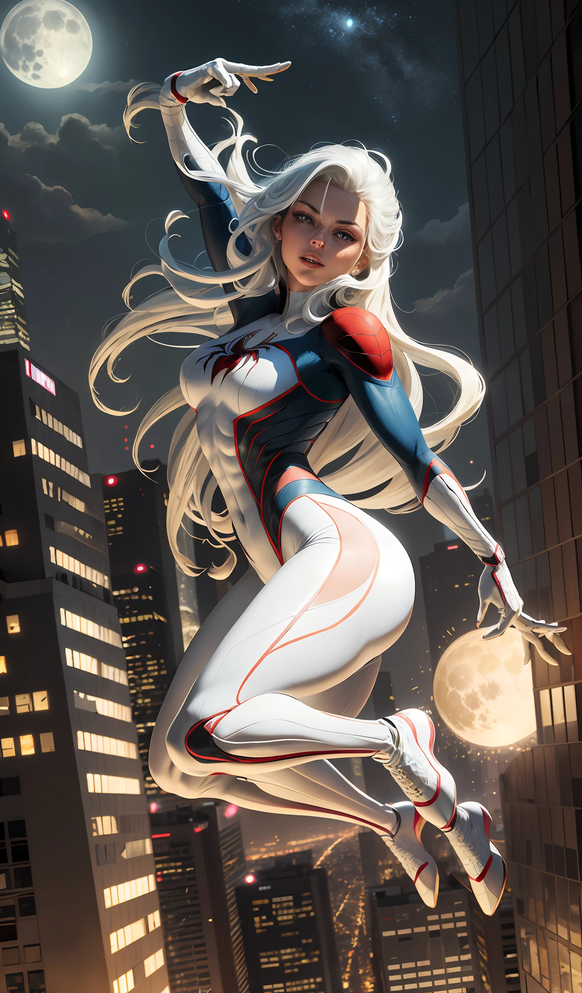 (Masterpiece, 4k resolution, ultra-realistic, very detailed), (White superhero theme, charismatic, there's a girl on top of town, wearing Spider-Man costume, she's a superhero), [ ((25 years), (long white hair:1.2), full body, (blue eyes:1.2), ((Spider-Man pose),show of strength, jumping from one building to another), ((sandy urban environment):0.8)| (cityscape, at night, dynamic lights), (full moon))] # Explanation: The Prompt mainly describes a 4K painting of ultra-high definition, very realistic, very detailed. It shows a superheroine at the top of the city, wearing a Spider-Man costume. The theme in the painting is a white superhero theme, the female protagonist has long white hair, is 25 years old and her entire body is shown in the painting. In terms of portraying the actions of superheroines, spiders are employed