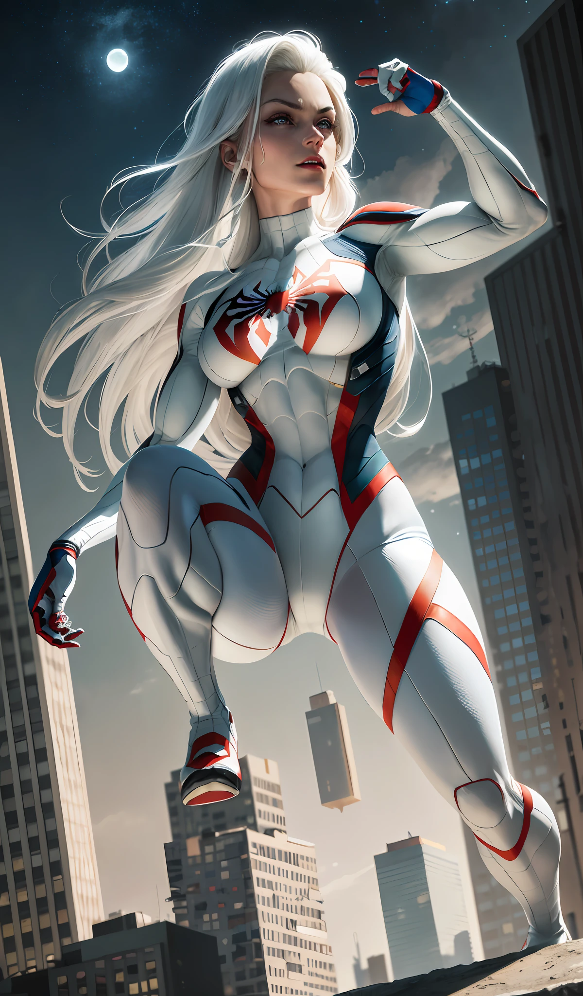 (Masterpiece, 4k resolution, ultra-realistic, very detailed), (White superhero theme, charismatic, there's a girl on top of town, wearing Spider-Man costume, she's a superhero), [ ((25 years), (long white hair:1.2), full body, (blue eyes:1.2), ((Spider-Man pose),show of strength, jumping from one building to another), ((sandy urban environment):0.8)| (cityscape, at night, dynamic lights), (full moon))] # Explanation: The Prompt mainly describes a 4K painting of ultra-high definition, very realistic, very detailed. It shows a superheroine at the top of the city, wearing a Spider-Man costume. The theme in the painting is a white superhero theme, the female protagonist has long white hair, is 25 years old and her entire body is shown in the painting. In terms of portraying the actions of superheroines, spiders are employed