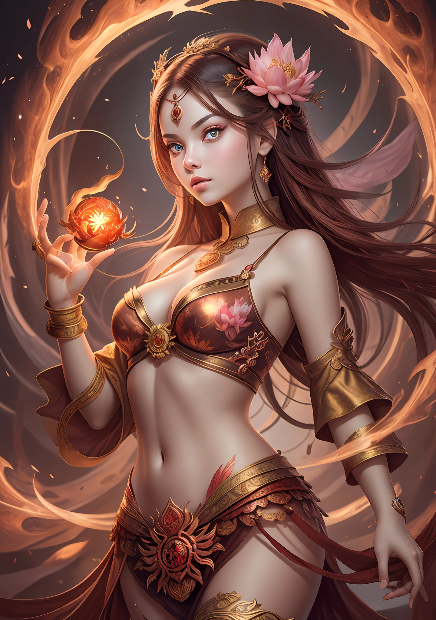 (Masterpiece, best quality: 1.2), a girl standing in a ring of fire, with glowing red eyes, phoenix, lotus flowers, red gold pink