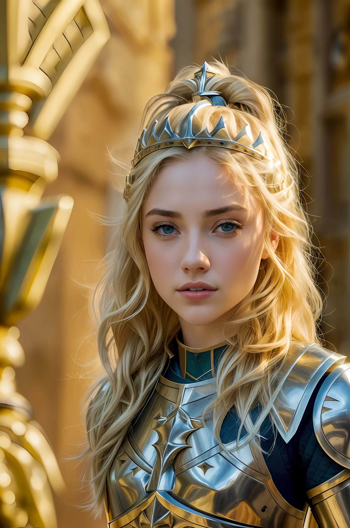 blond woman in armor posing for a picture in front of a building, imogen poots as a paladin, portrait knights of zodiac girl, annasophia robb as joan of arc, dove cameron in a knight armor, gorgeous female paladin, imogen poots as holy paladin, girl in knight armor