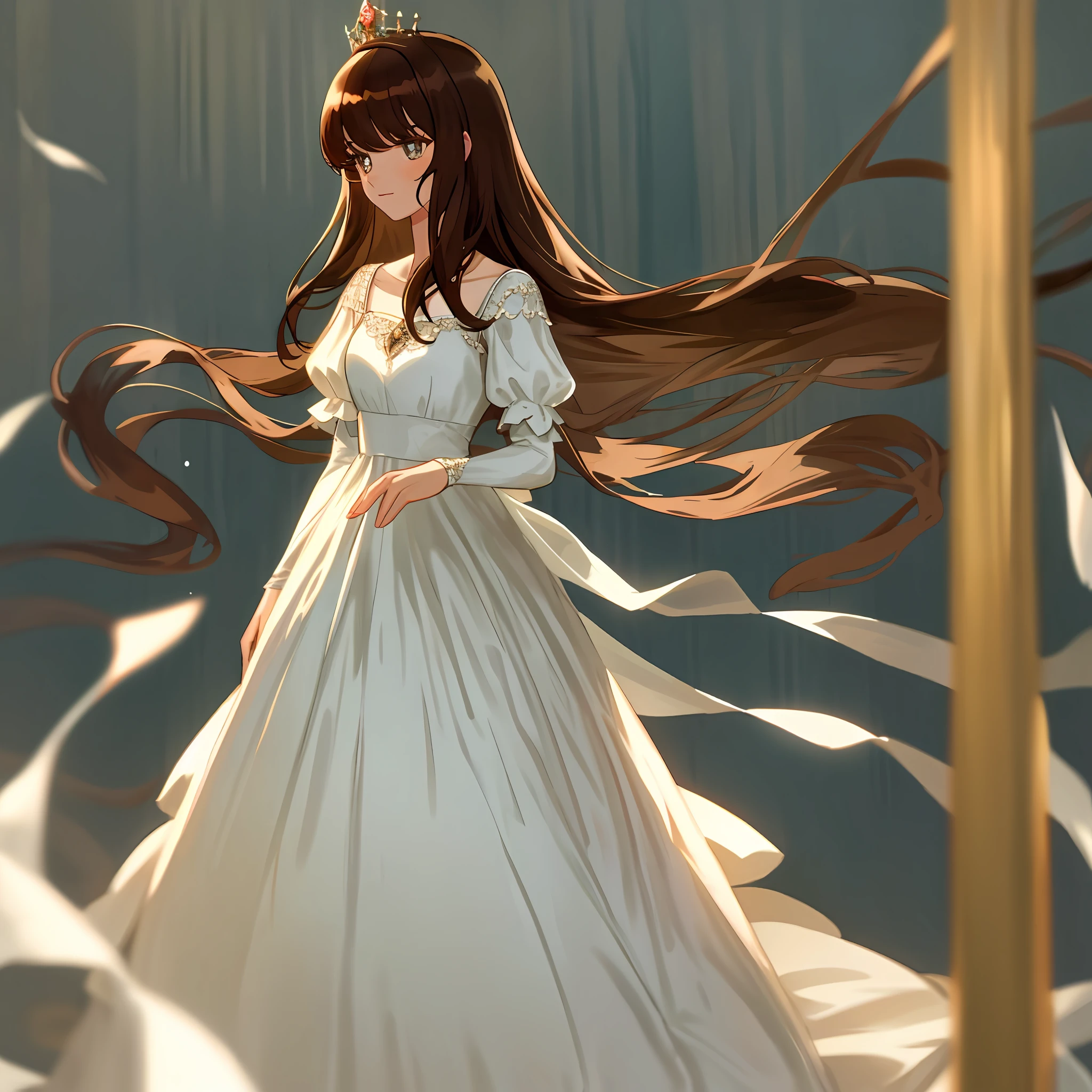 princess, beautiful woman, seductive, dark, standing, sensual eyes, white dress, bangs, queen, brown hair, delicate, young, long hair